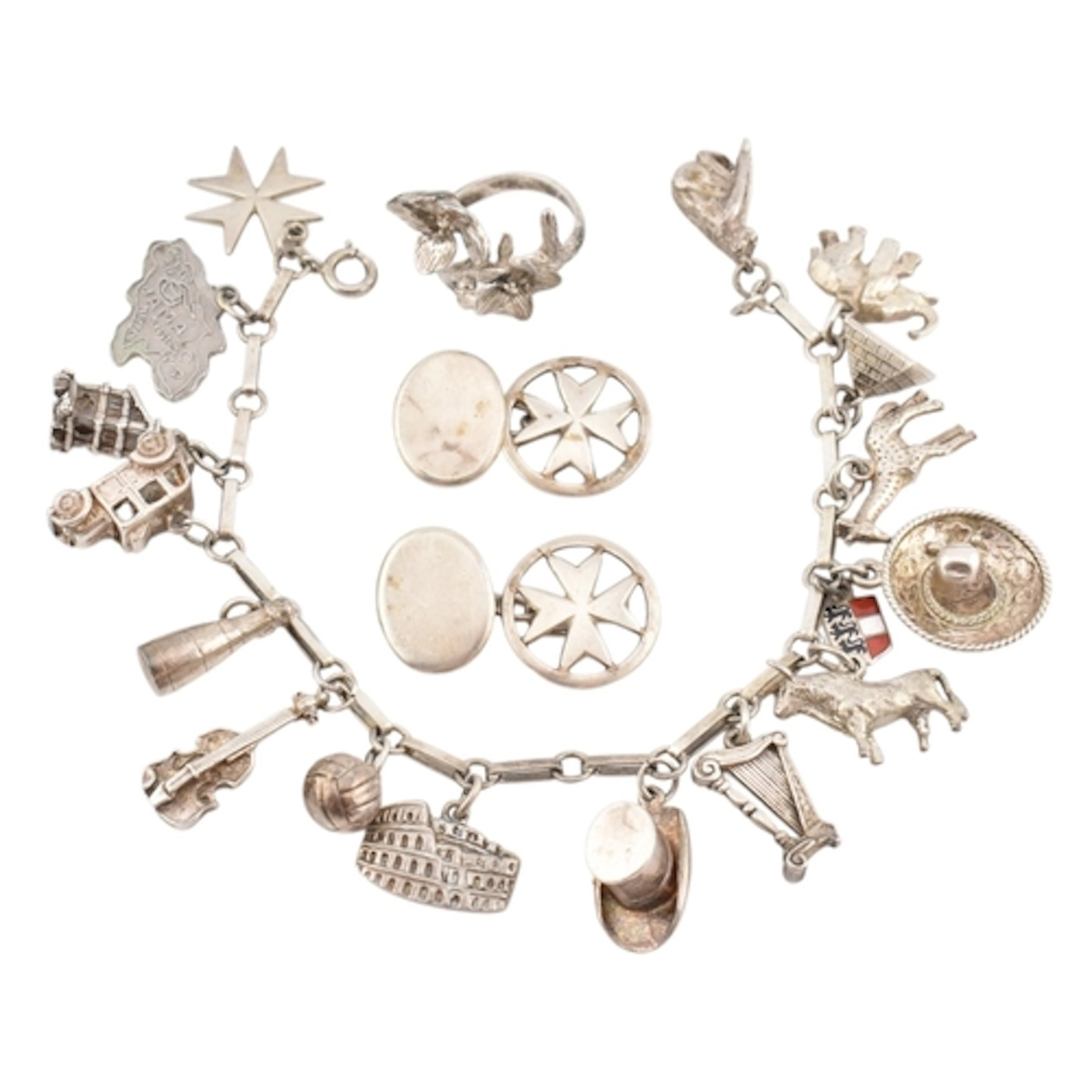 A charm bracelet, cufflinks and flower ring. Charm bracelet ...