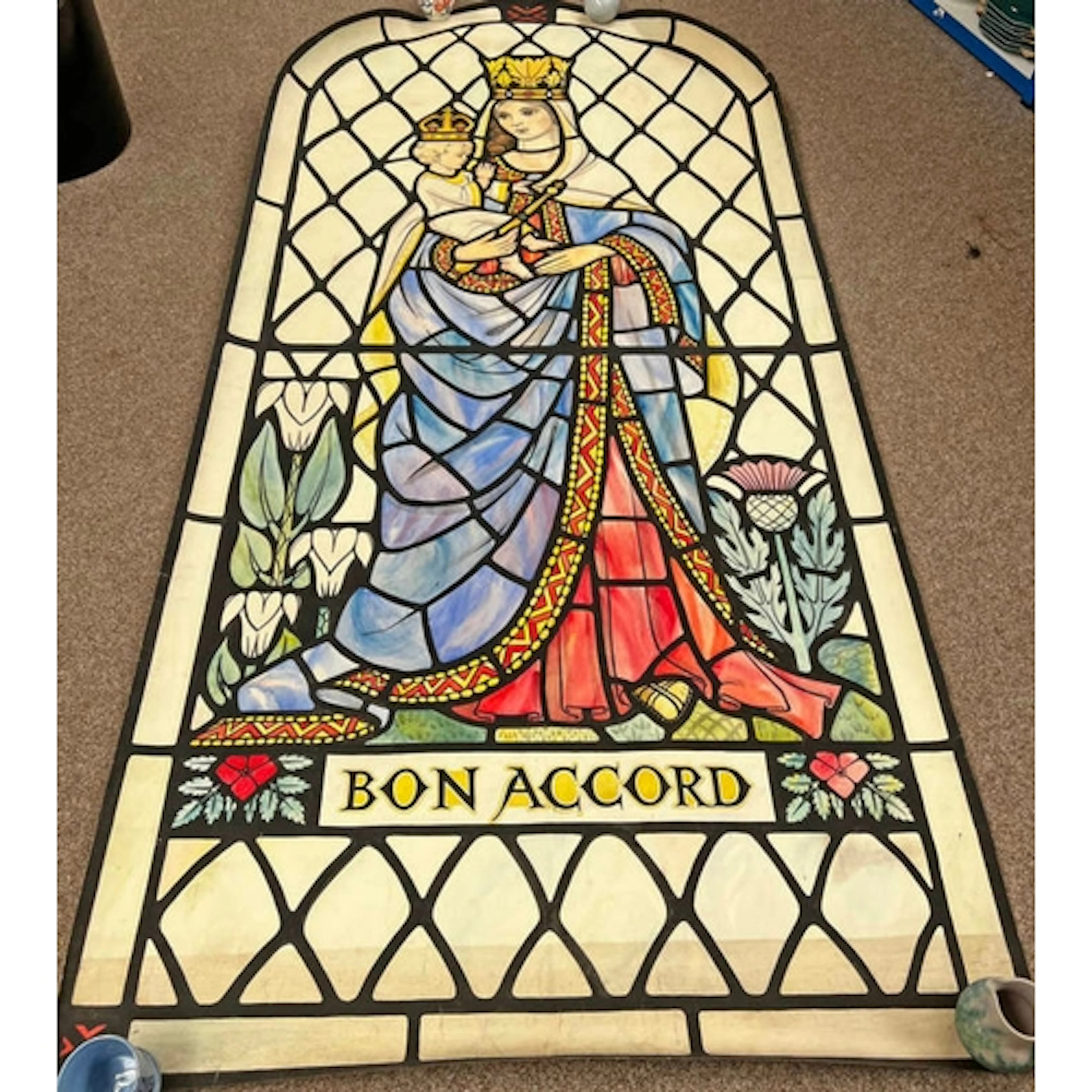 LARGE UNFRAMED PAINTING OF A STAINED GLASS WINDOW DECORATED ...