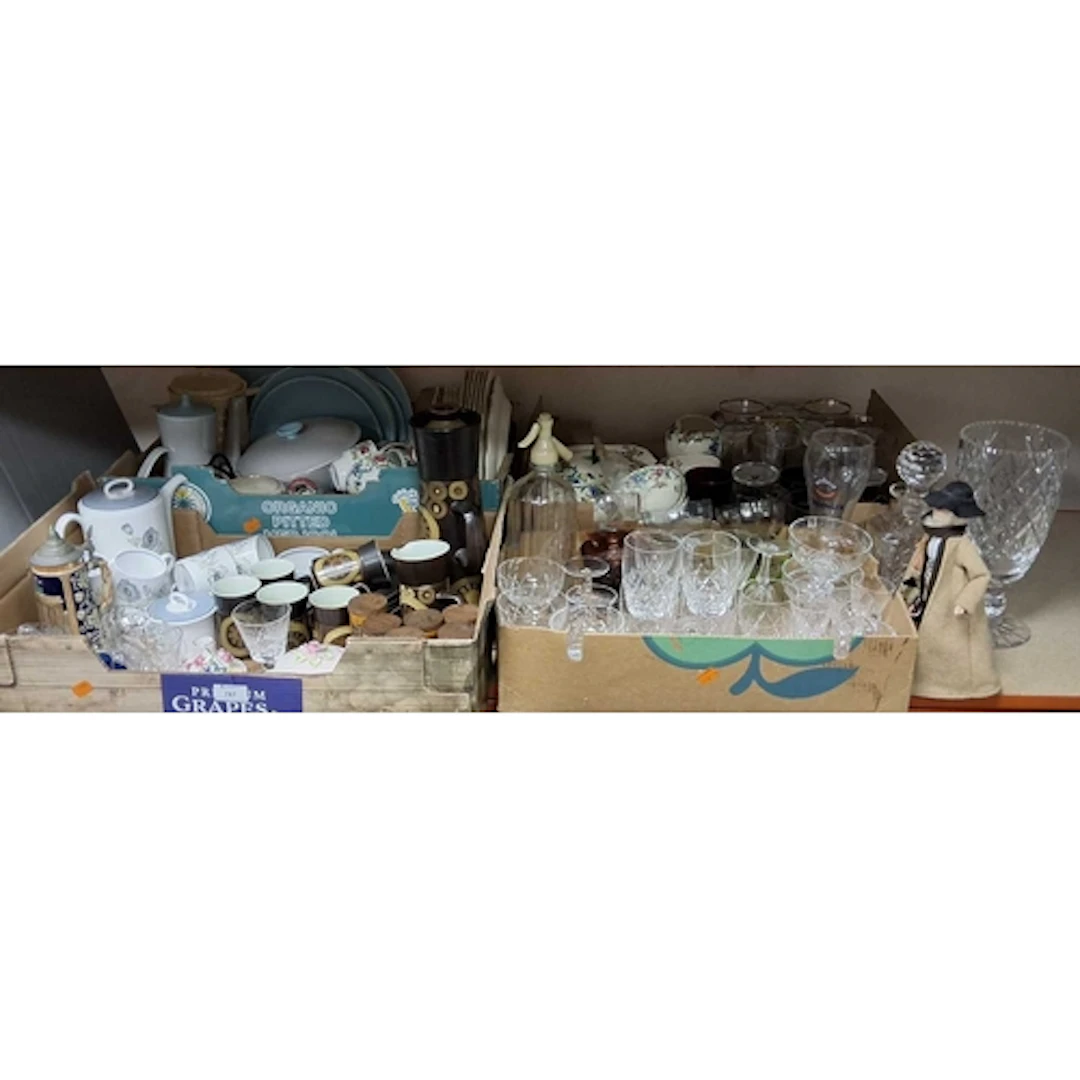 FOUR BOXES AND LOOSE MISCELLANEOUS CERAMICS AND GLASSWARE, t...