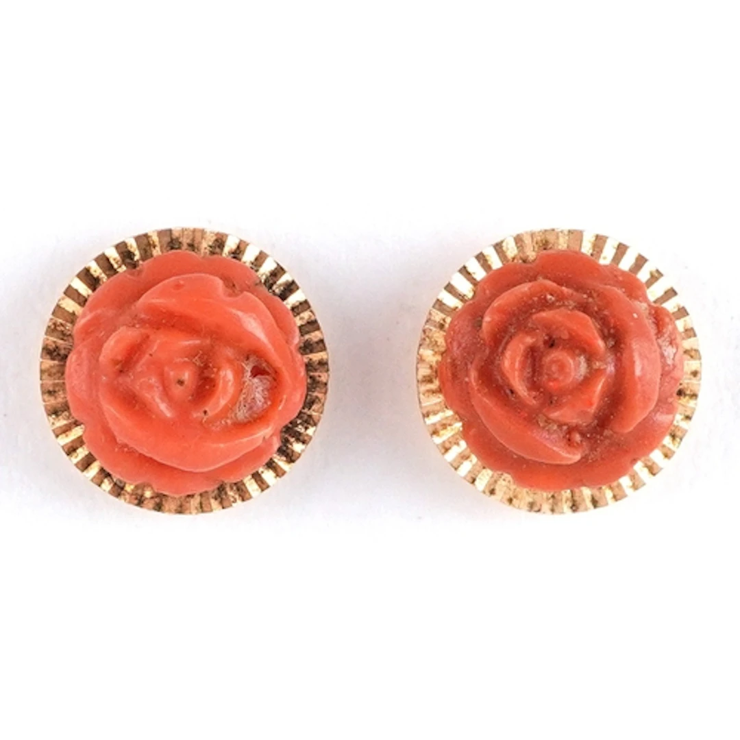 Pair of yellow metal coral coloured stud earrings, 7.7mm in ...