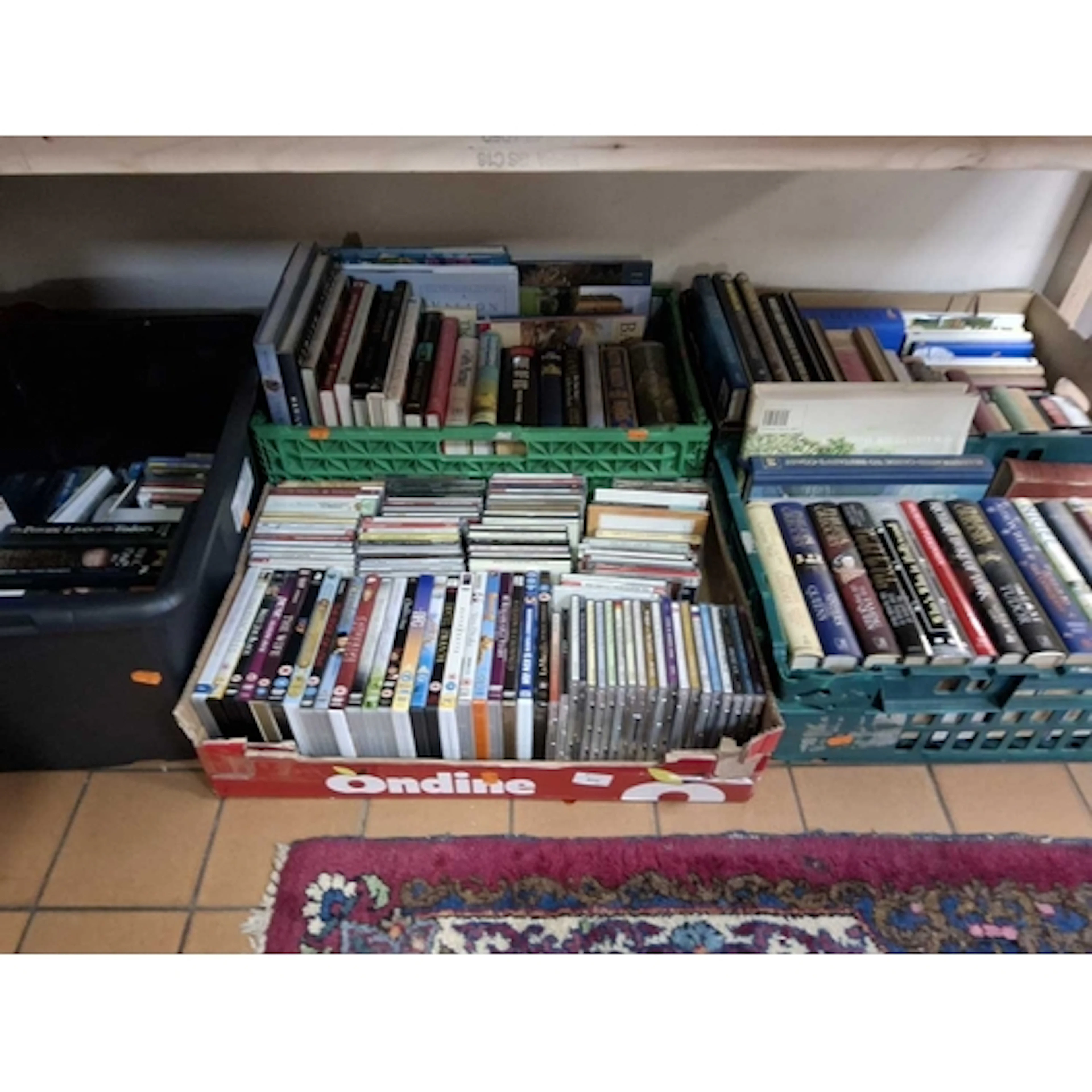 FIVE BOXES OF BOOKS, CDS, DVDS & CASSETTE TAPES comprisi...