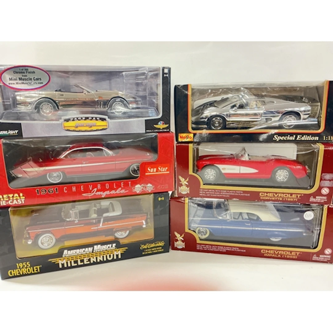 6 Boxed 1/18 Scale Diecast Cars Including AmeryMussle, Road ...