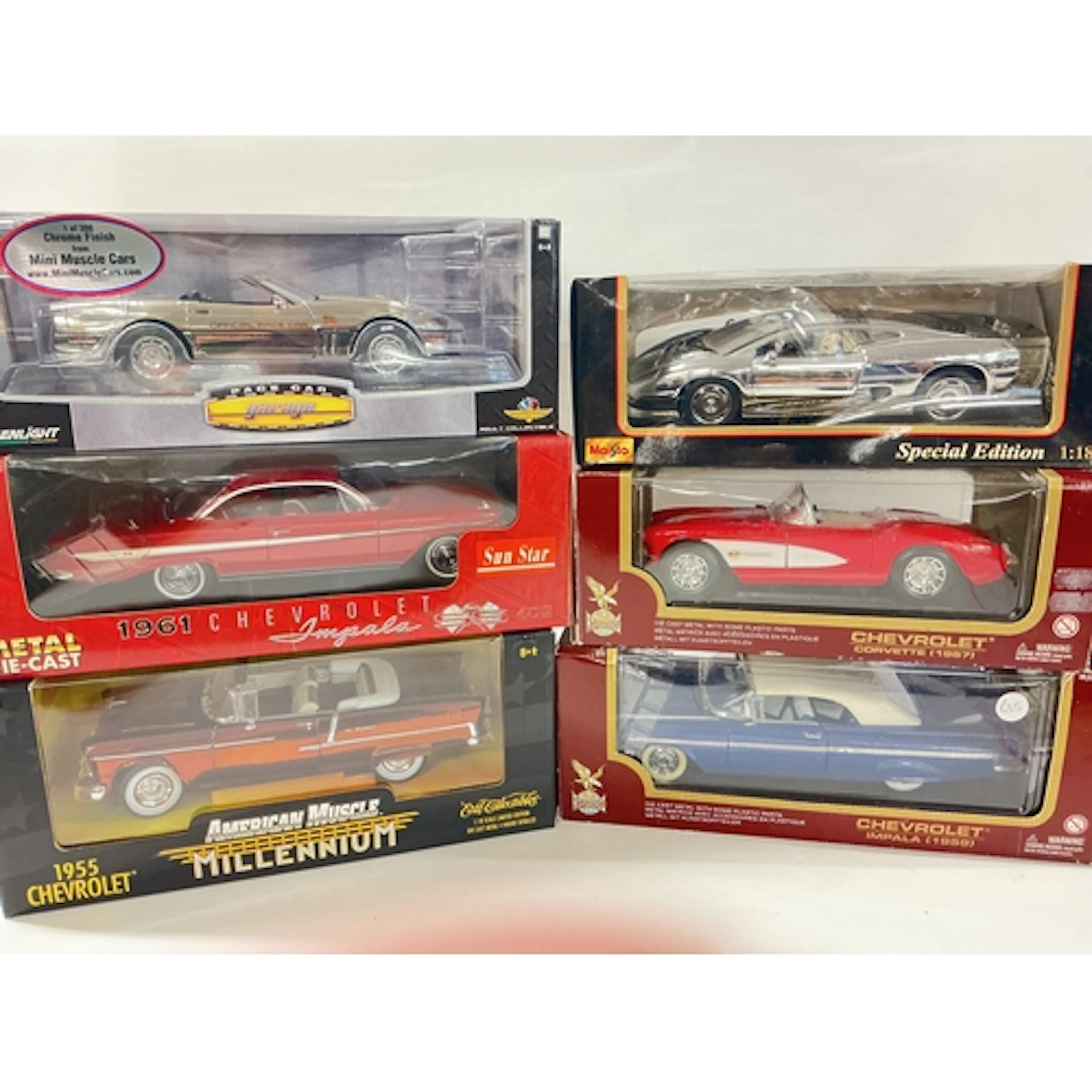 6 Boxed 1/18 Scale Diecast Cars Including AmeryMussle, Road ...