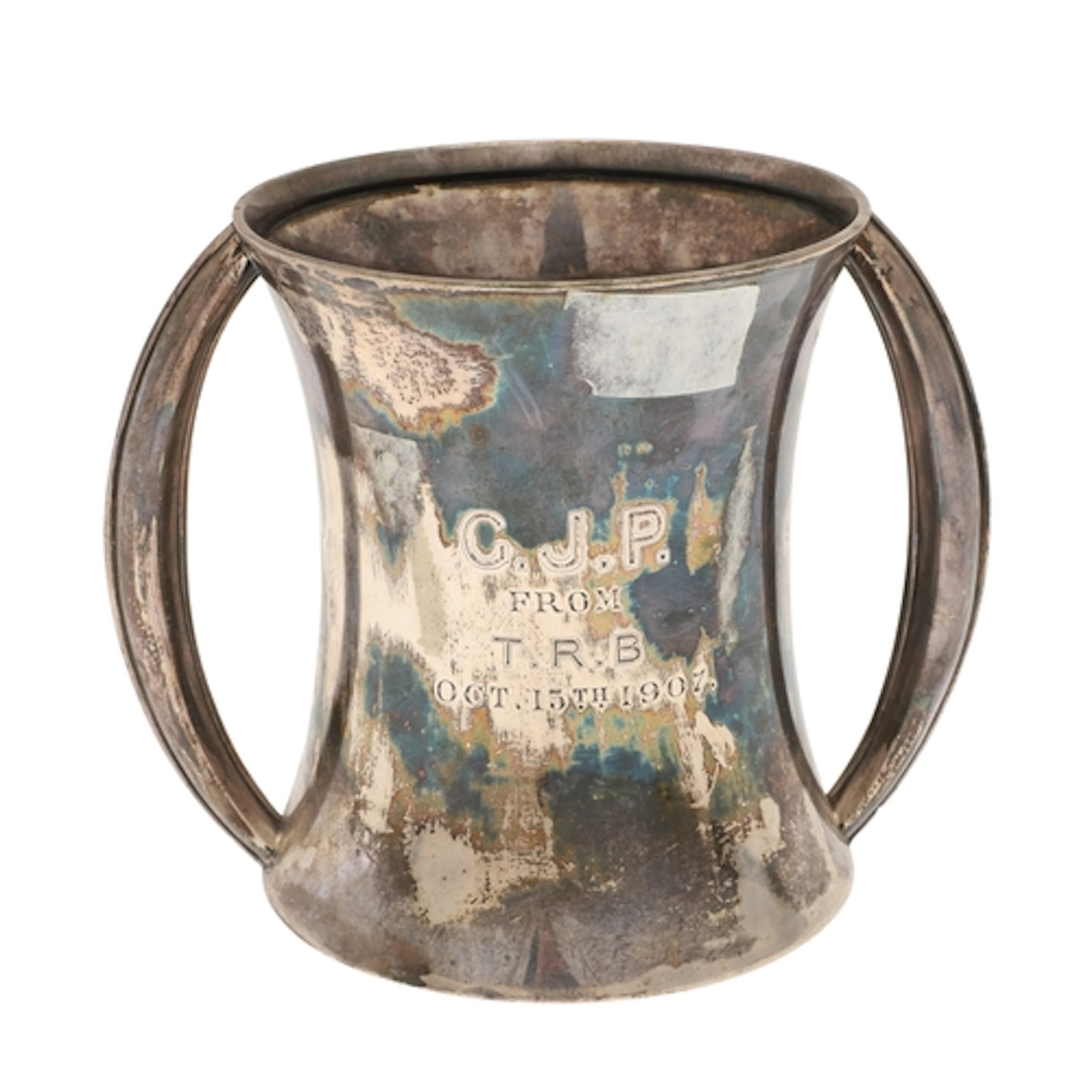 AN EDWARDIAN SILVER PRESENTATION CUP. Of waisted cylindrical...