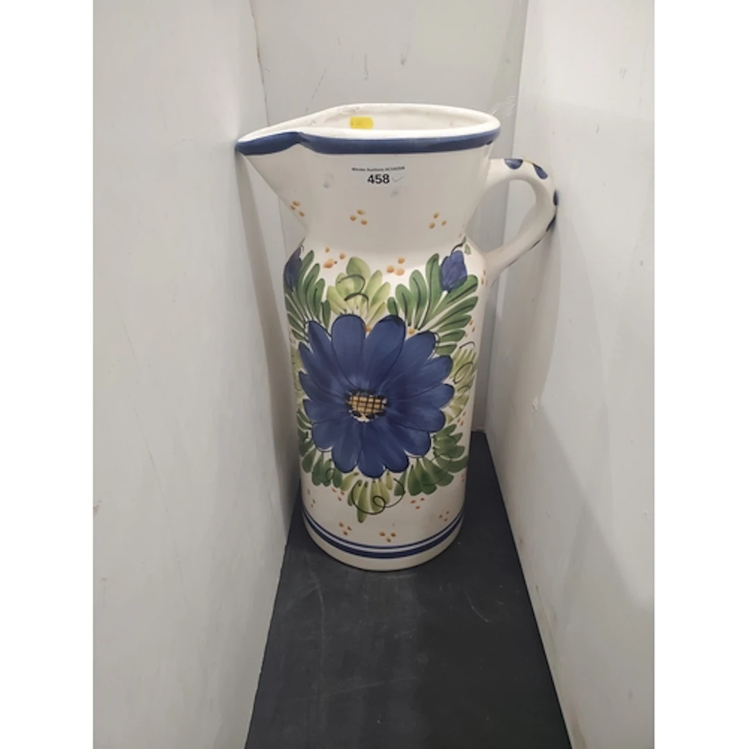 A large delft style Jug painted with flowers 1ft 6in H (R5)