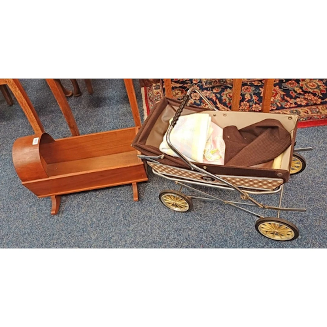 WOODEN DOLLS CRADLE & DOLLS PRAM
