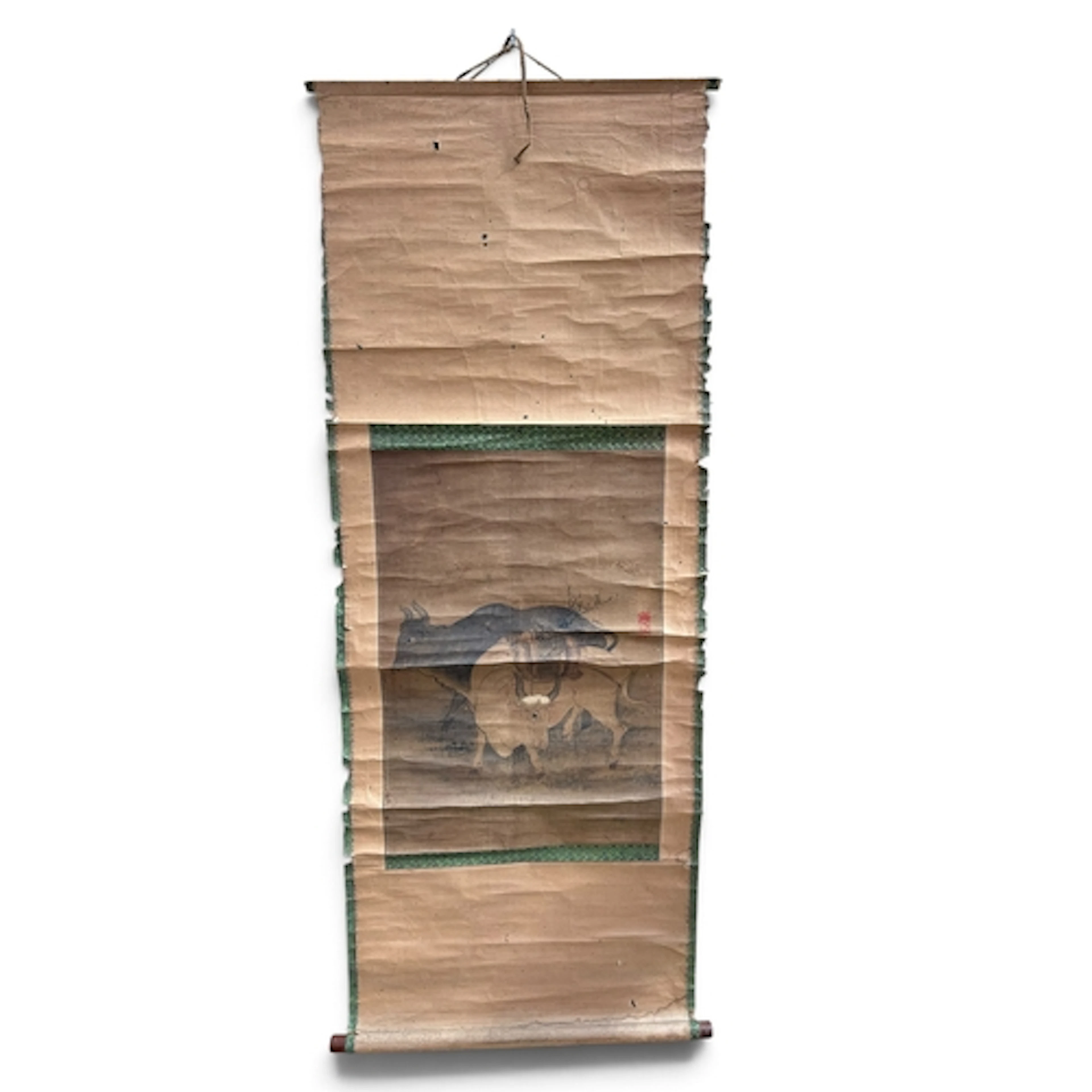 TWO CHINESE ANTIQUE HANGING SCROLLS Depicting buffalo and bi...