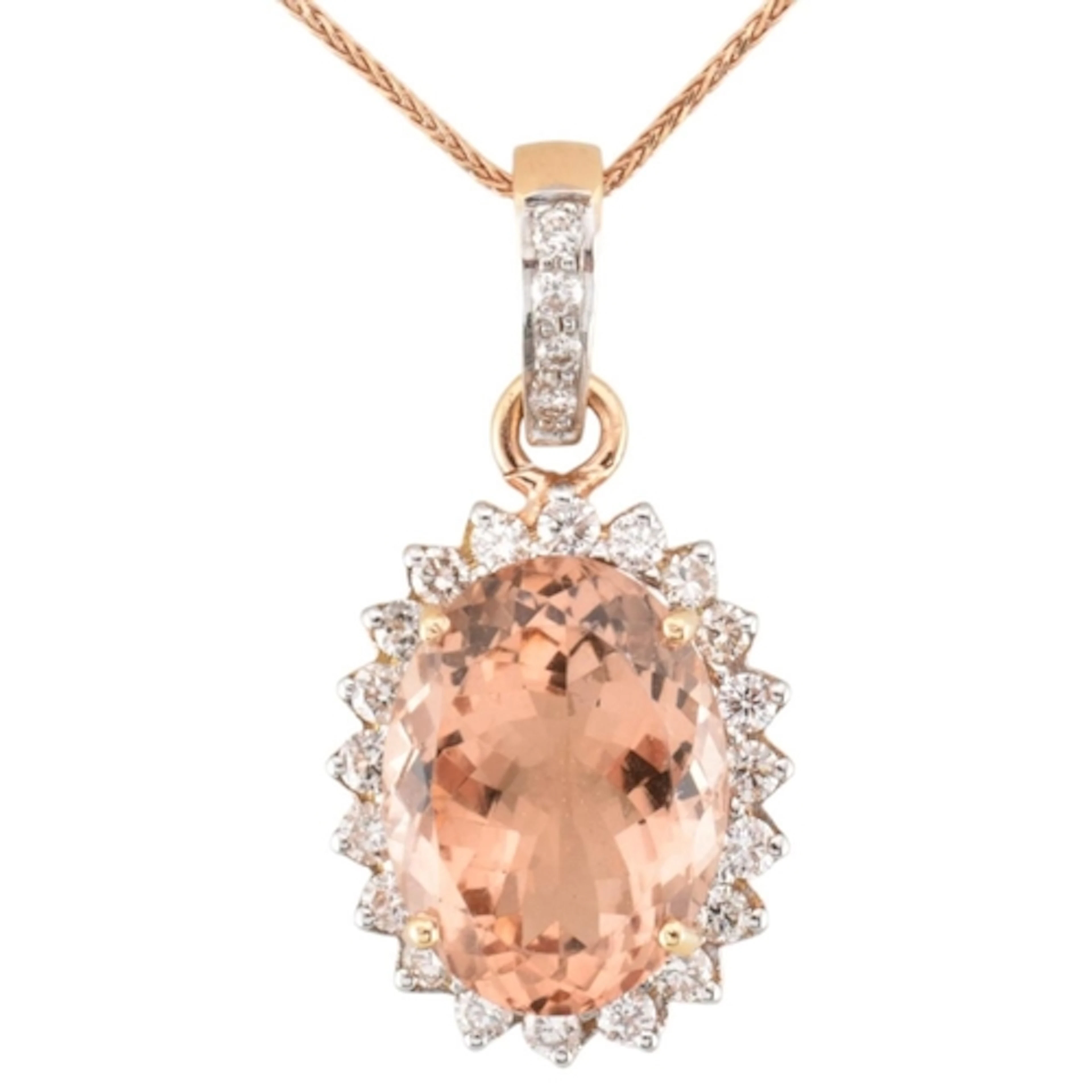 A gold morganite and diamond cluster halo pendant necklace. ...