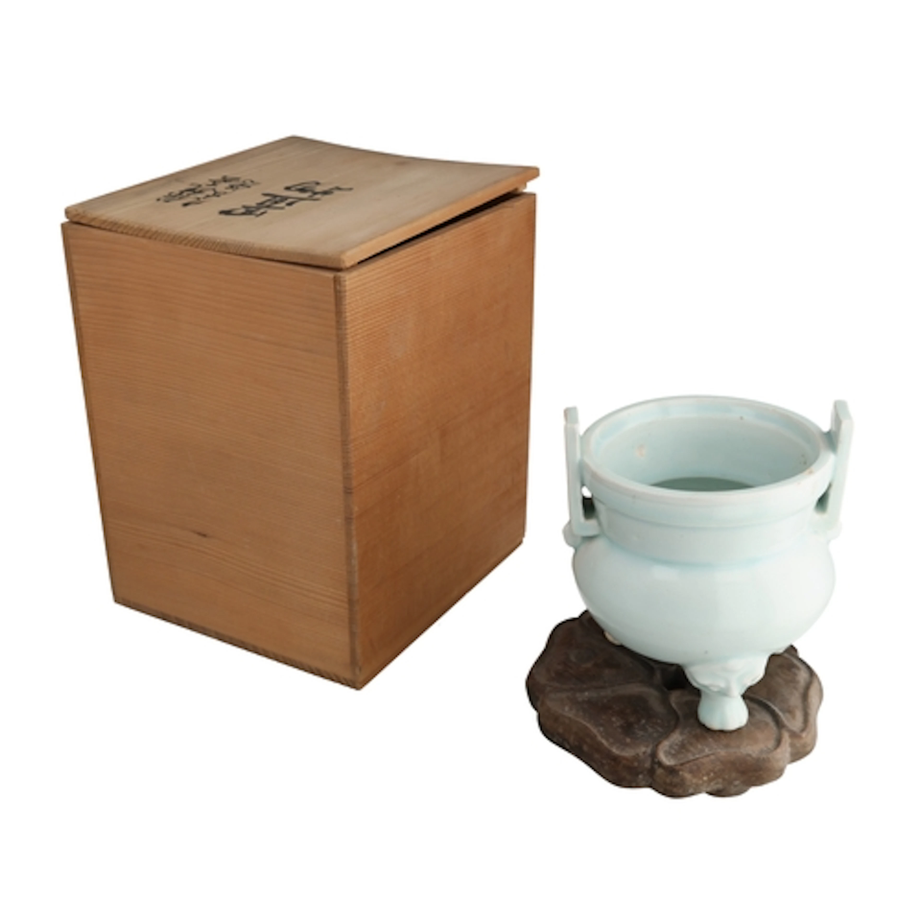 A CHINESE QINGBAI CENSER ON WOODEN STAND Mounted in a rosewo...