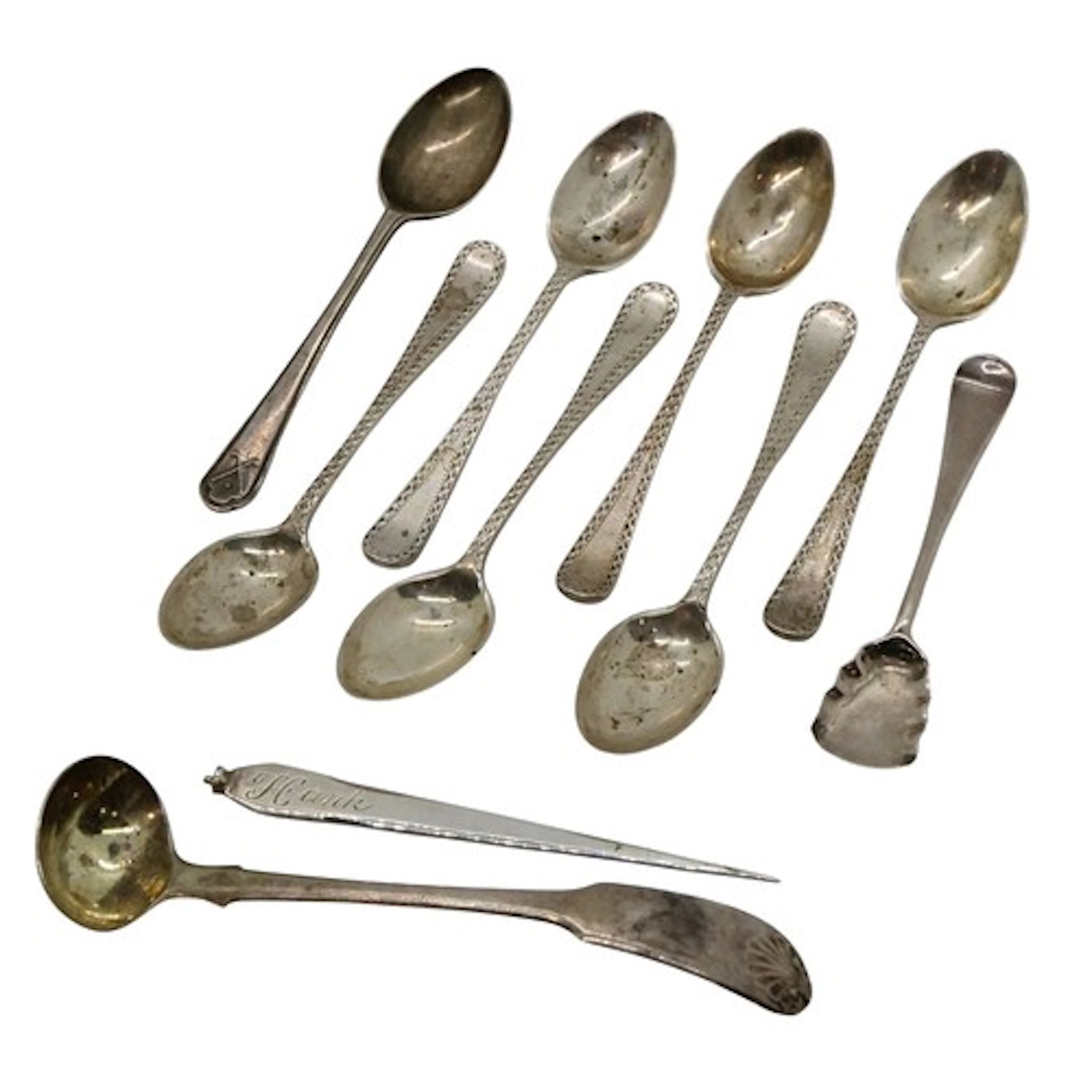 A George III silver Fiddle Shell pattern condiment spoon, Lo...
