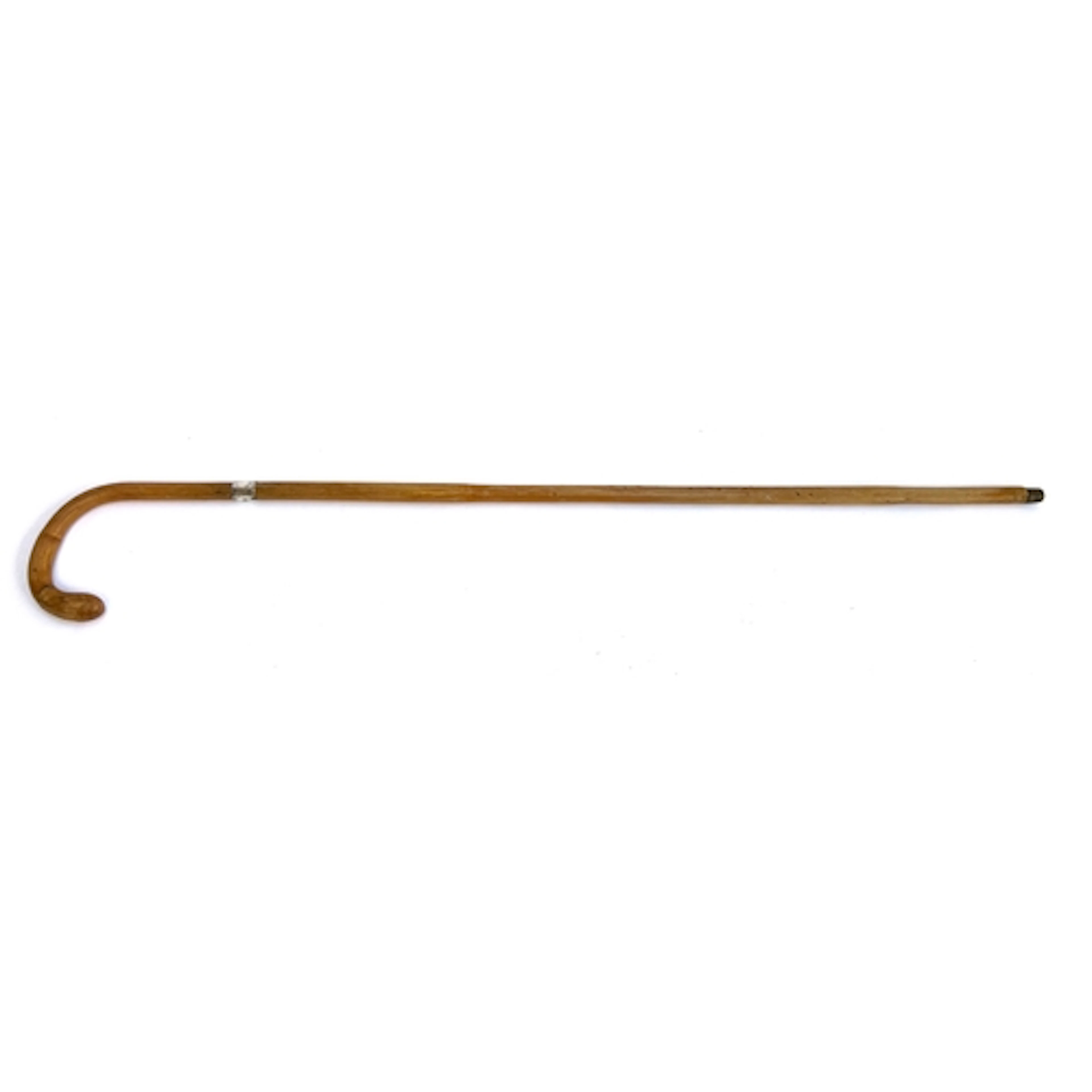 A bamboo walking cane with silver collar, 90cm long