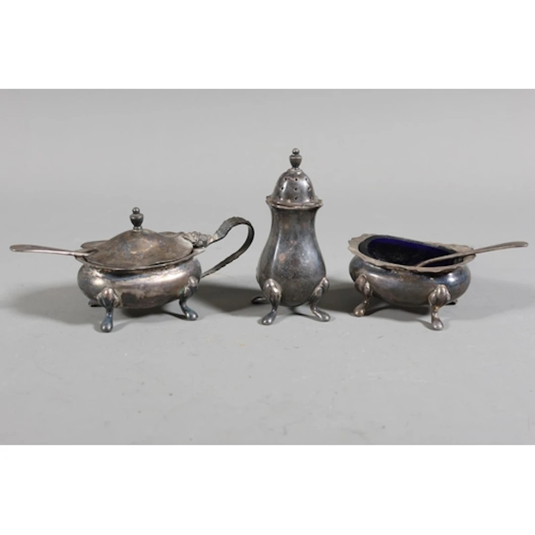 Silver three piece cruet set with matching salt spoons by&nb...