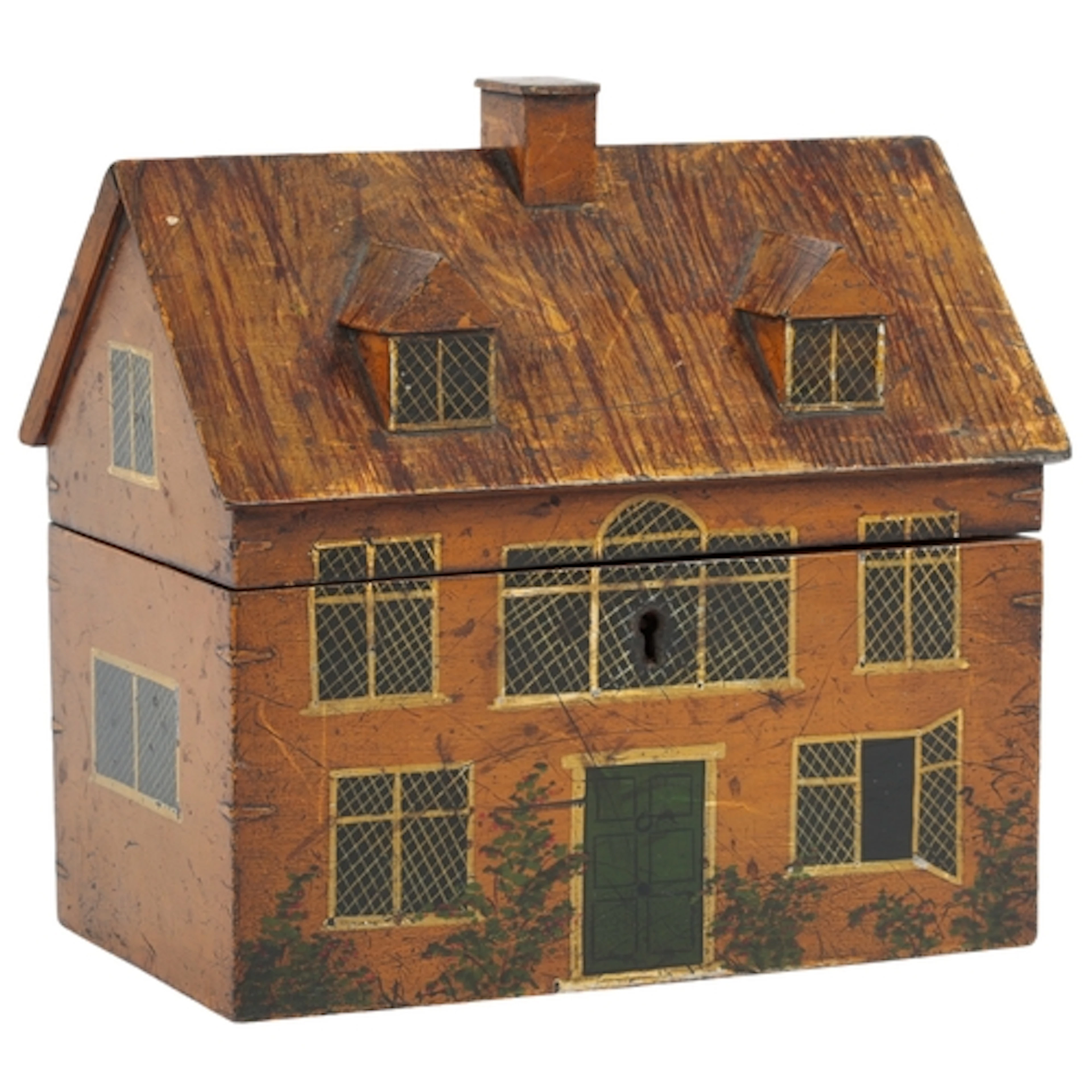 A Regency Folk Art painted tea caddy modelled as a cottage, ...