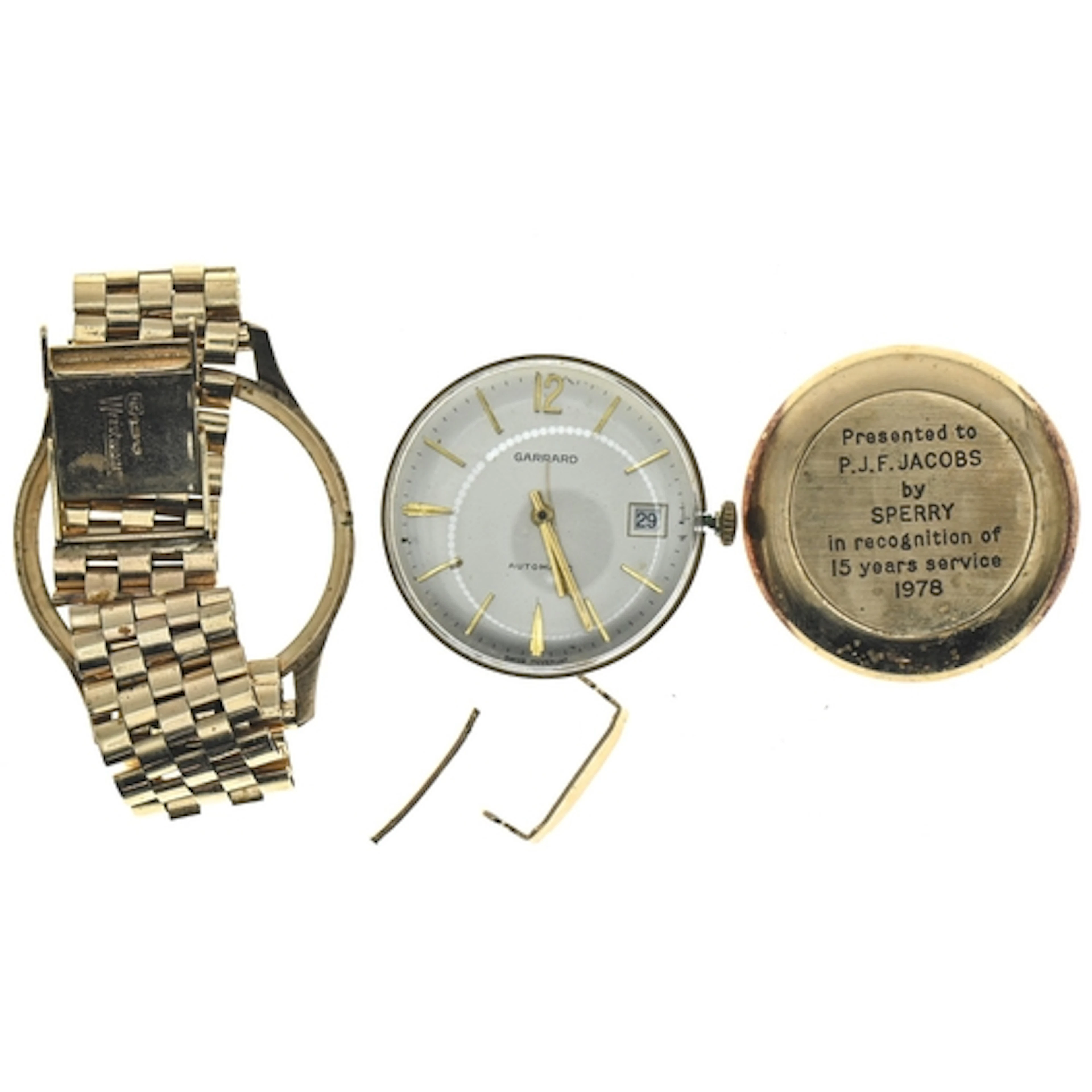 9ct gold watch case and strap with loose Garrard automatic 2...