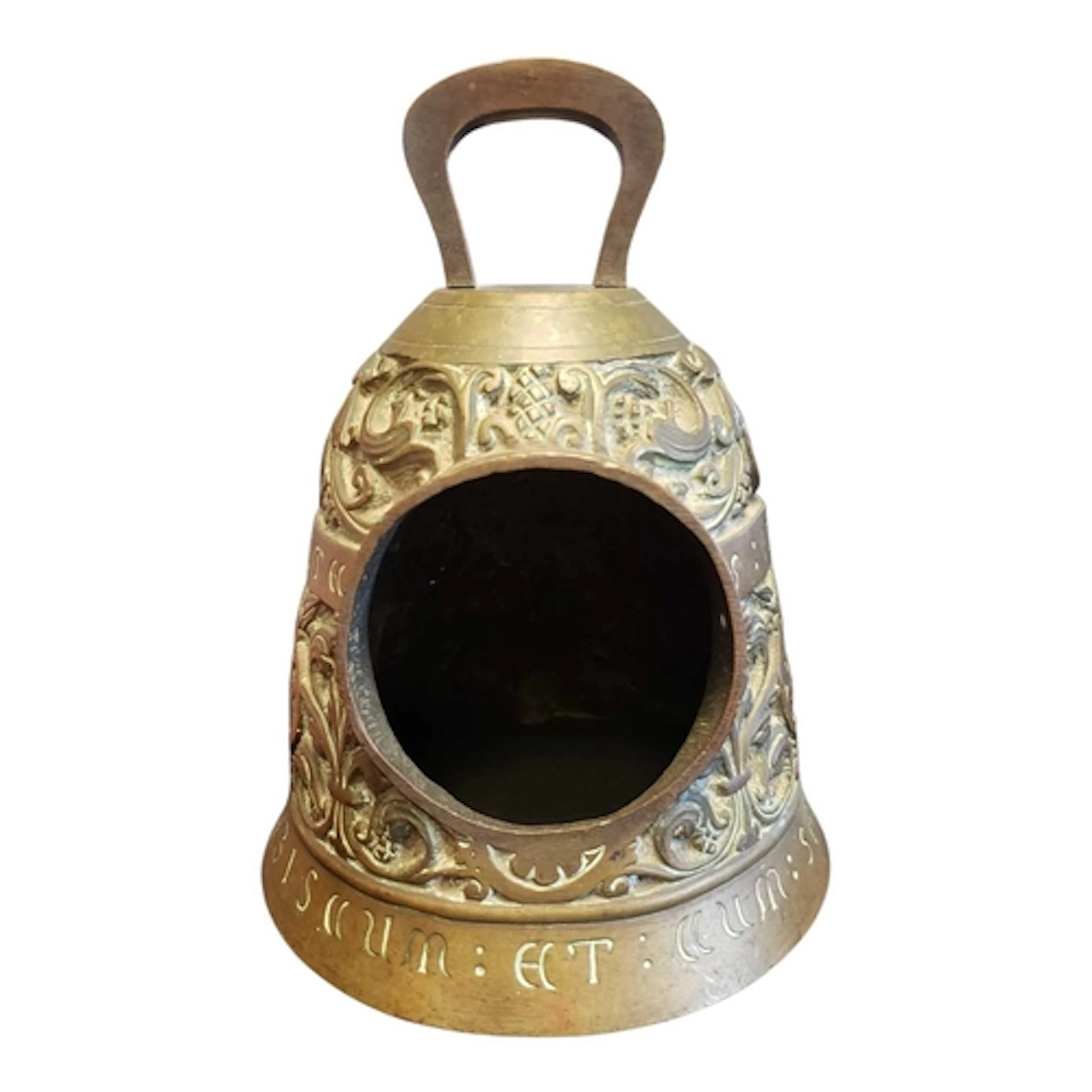 French C1900 brass bell decorated with relief religious figu...
