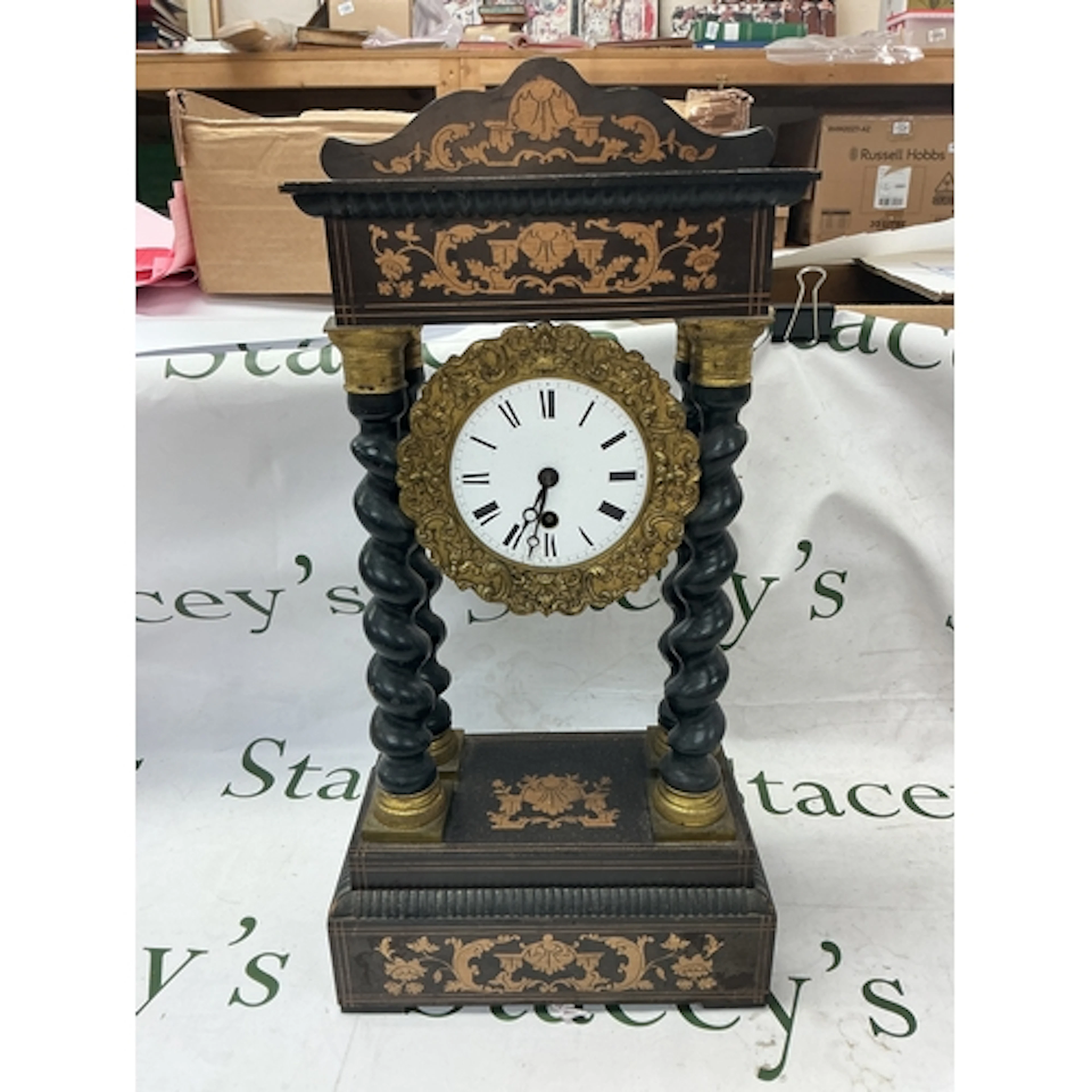 19th-century French ebonised portico mantel clock with barle...