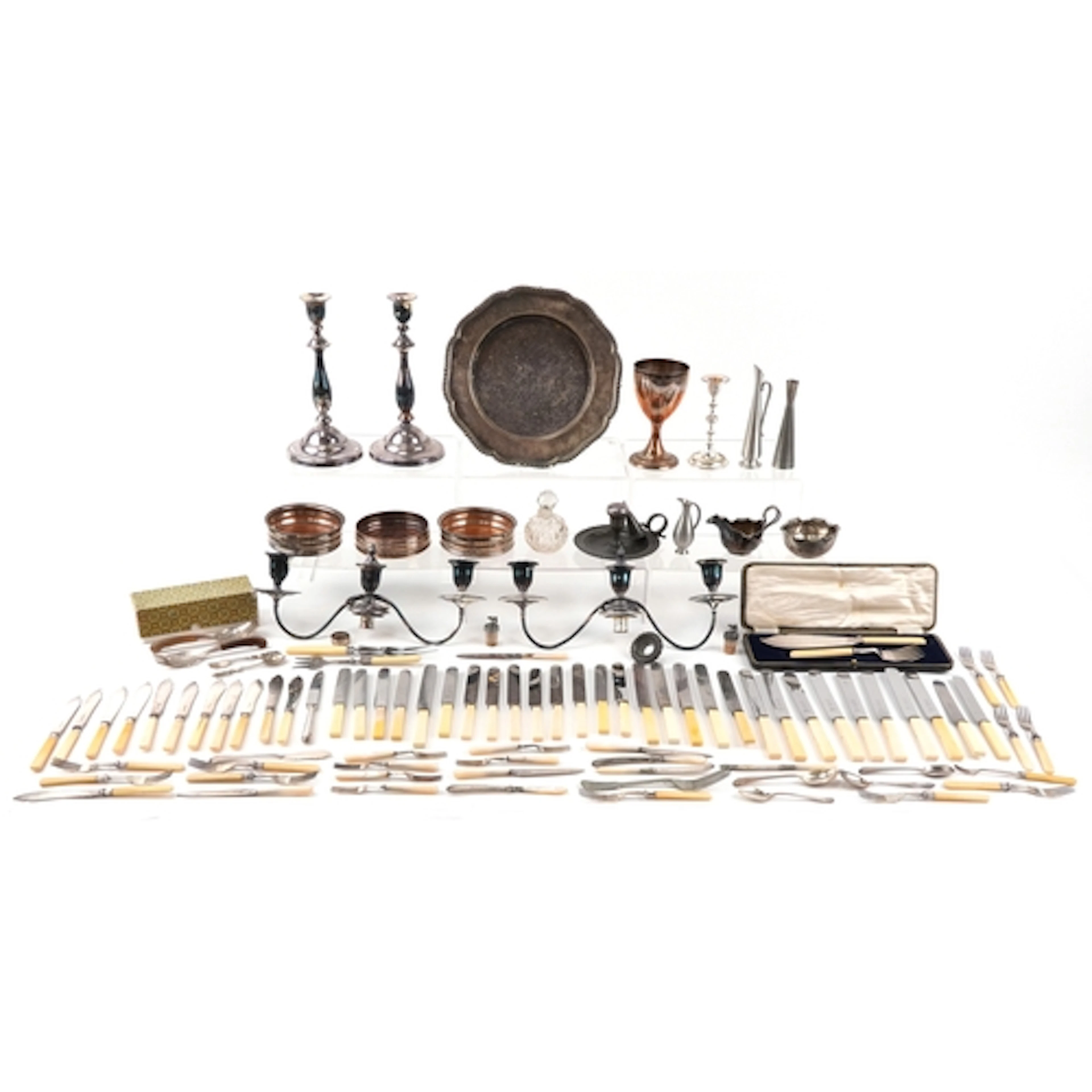 Large selection of antique and later silverplate and metalwa...