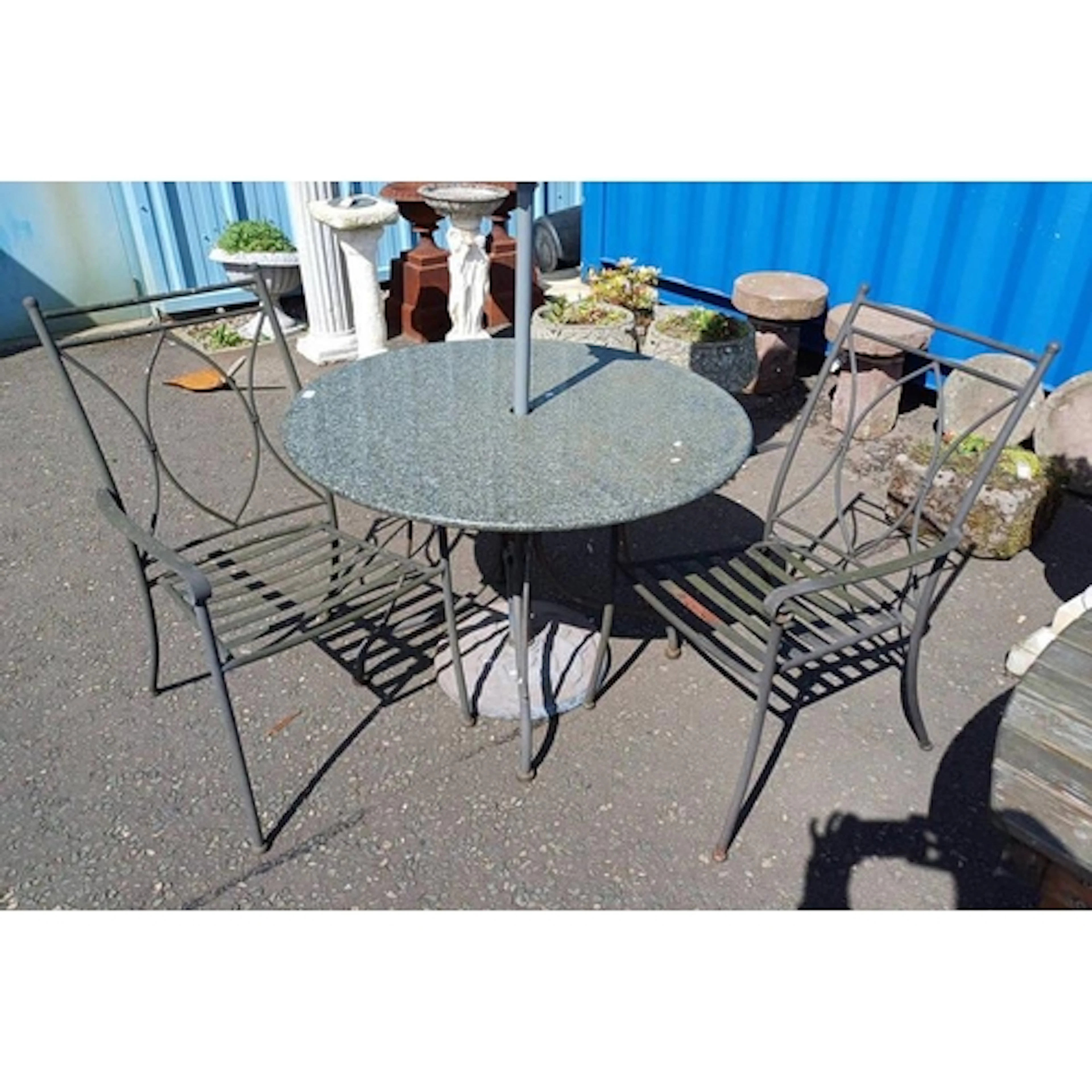GRANITE TOPPED CIRCULAR GARDEN TABLE ON METAL STAND, PAIR OF...