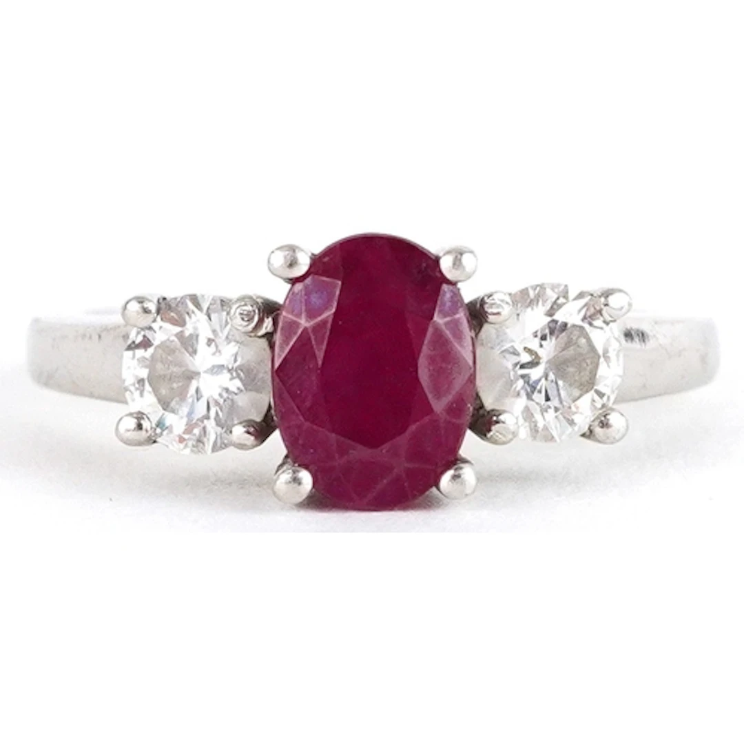 Platinum, diamond and ruby trilogy ring, total diamond weigh...