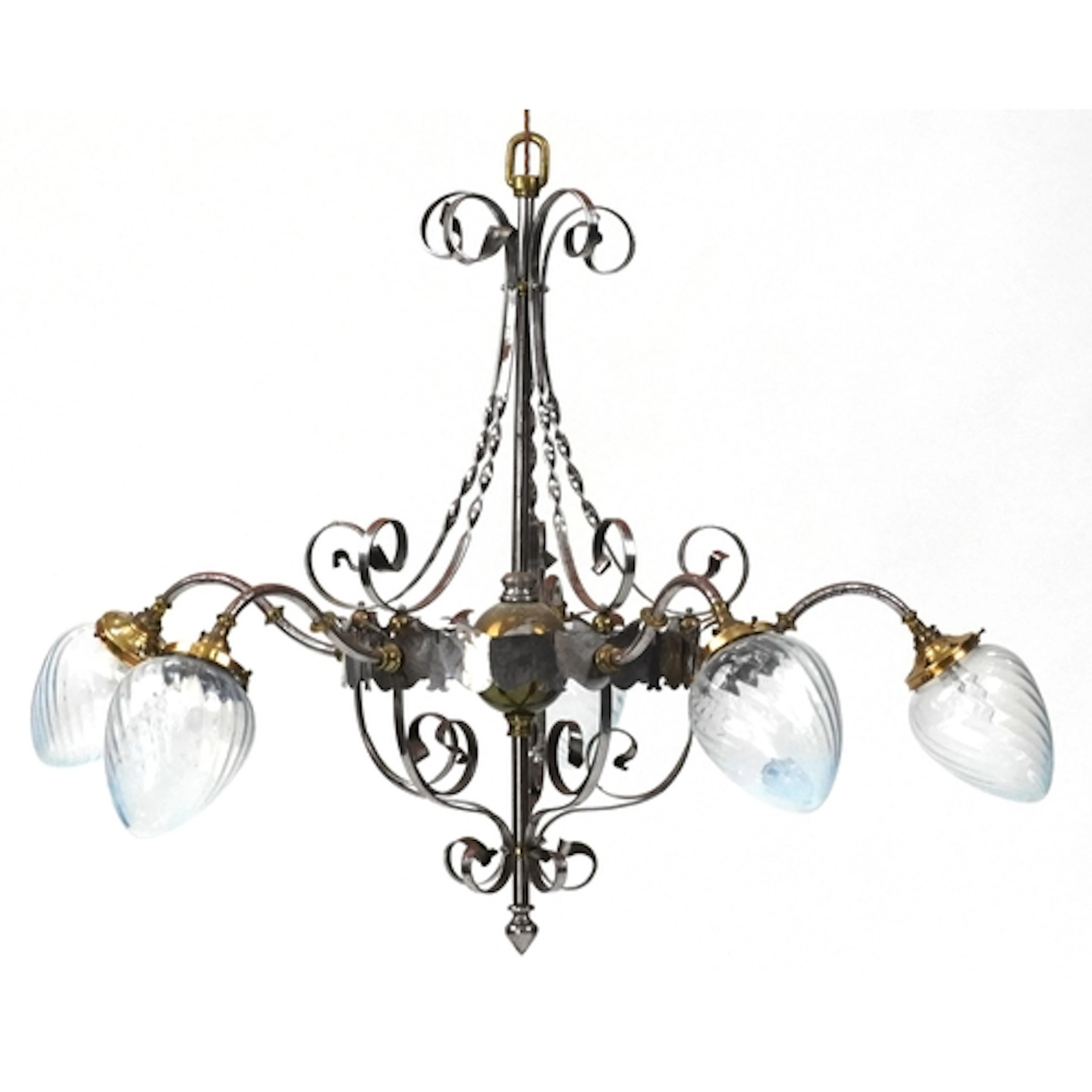 Large Arts & Crafts chromed five branch chandelier with opal...