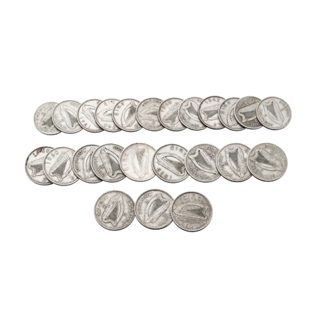 12 X IRISH 75% SILVER HALF CROWNS, plus 12 x Florins, all 19...