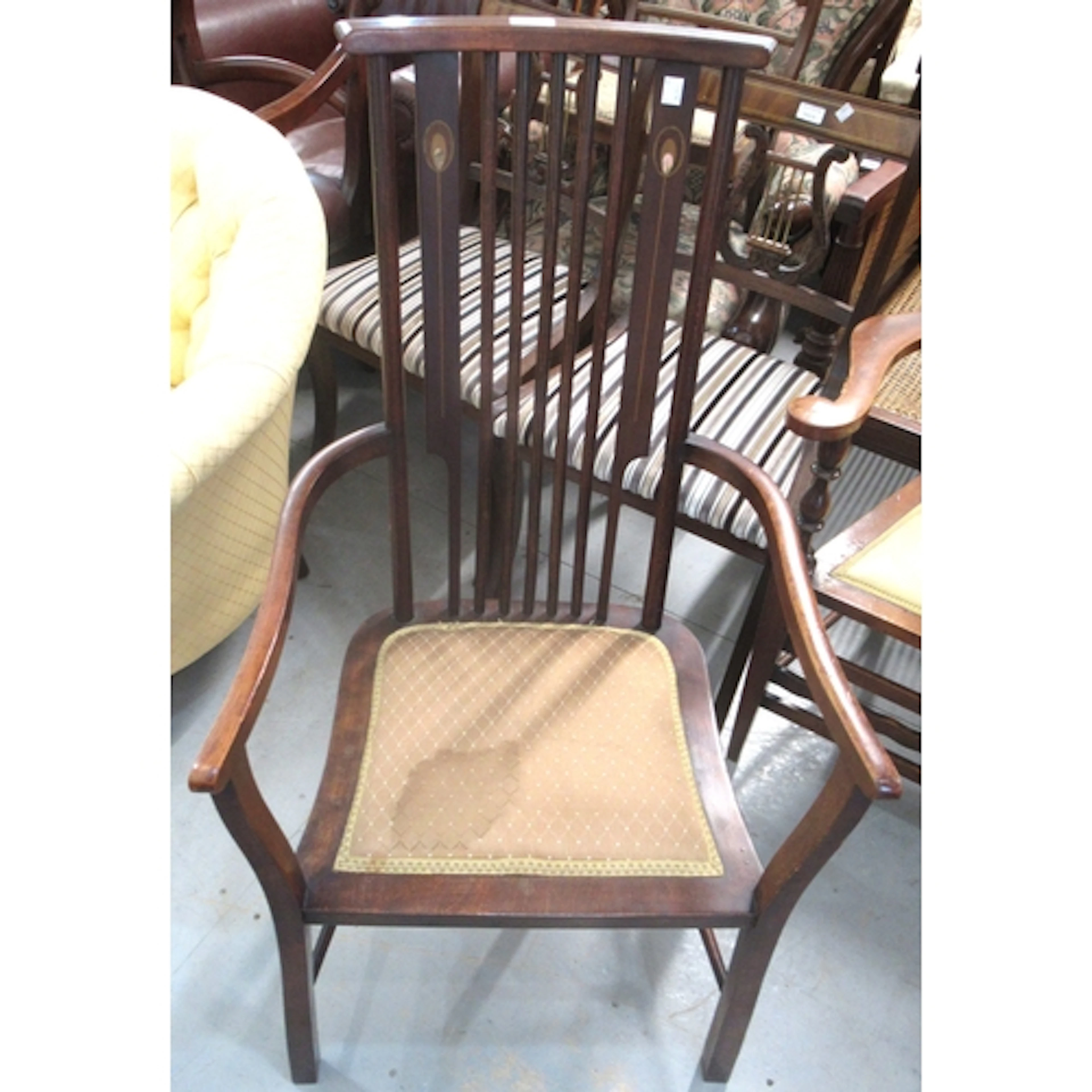 Art Nouveau mahogany open armchair with pierced and padded b...