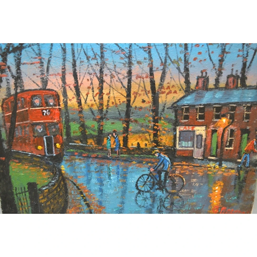 James Downie (20th Century), oil on canvas, red bus in a nor...