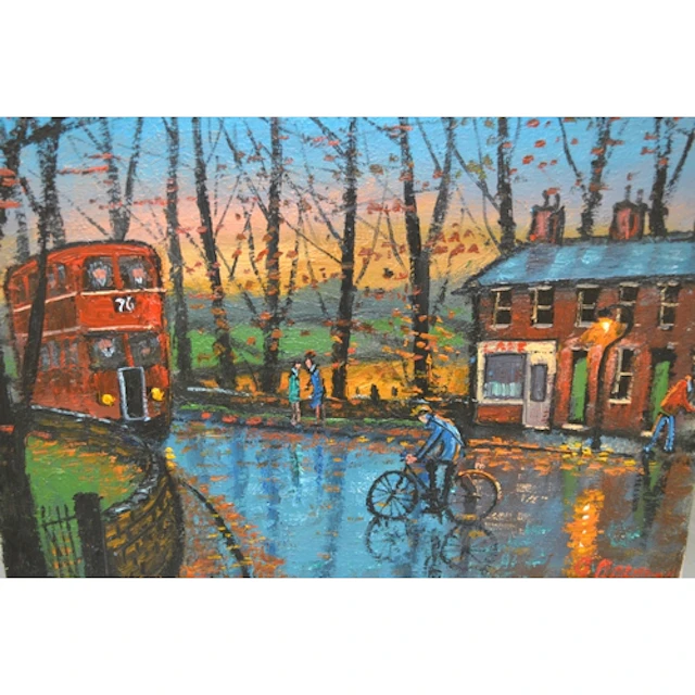 James Downie (20th Century), oil on canvas, red bus in a nor...