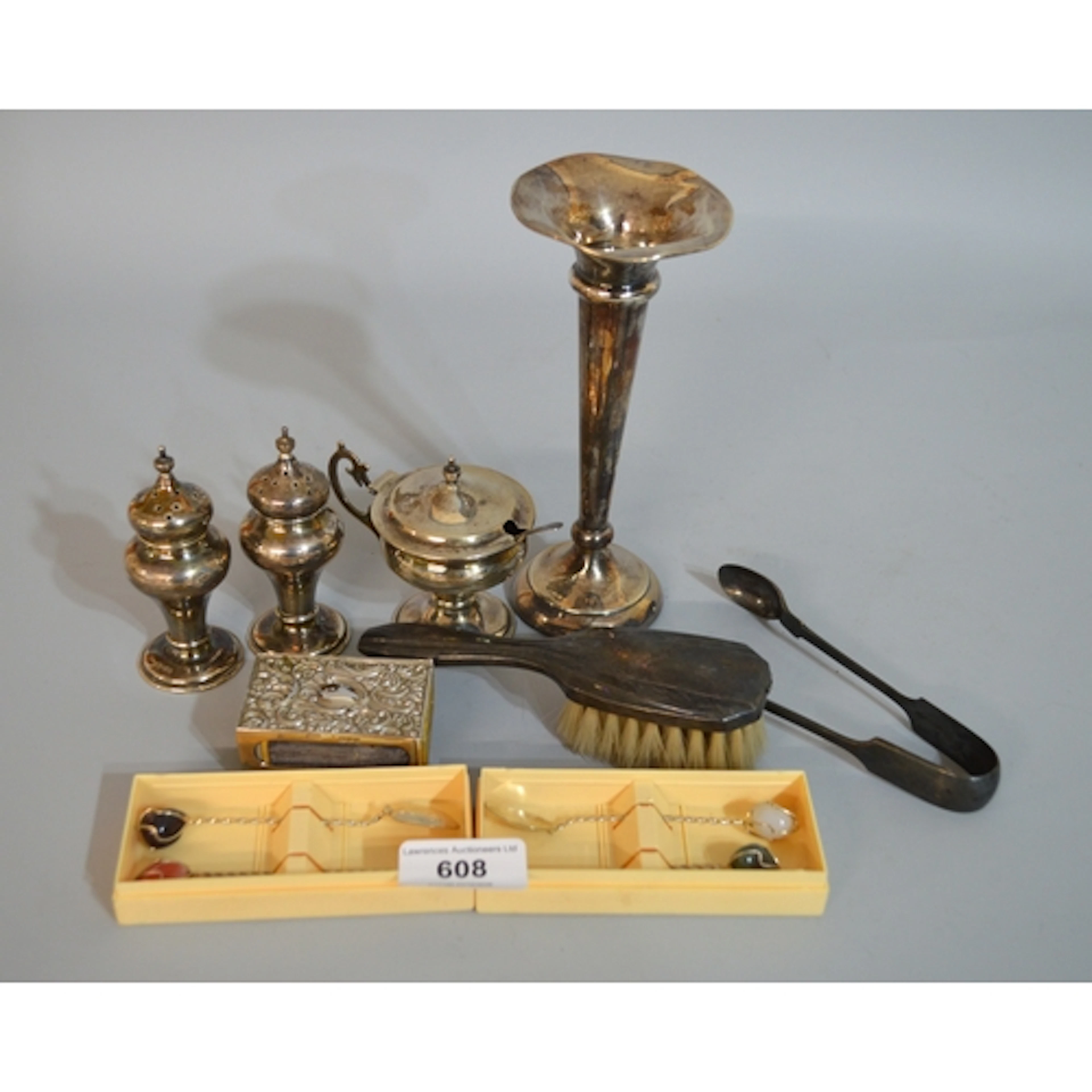 Three silver condiments, a silver matchbox holder, 3.6oz t, ...