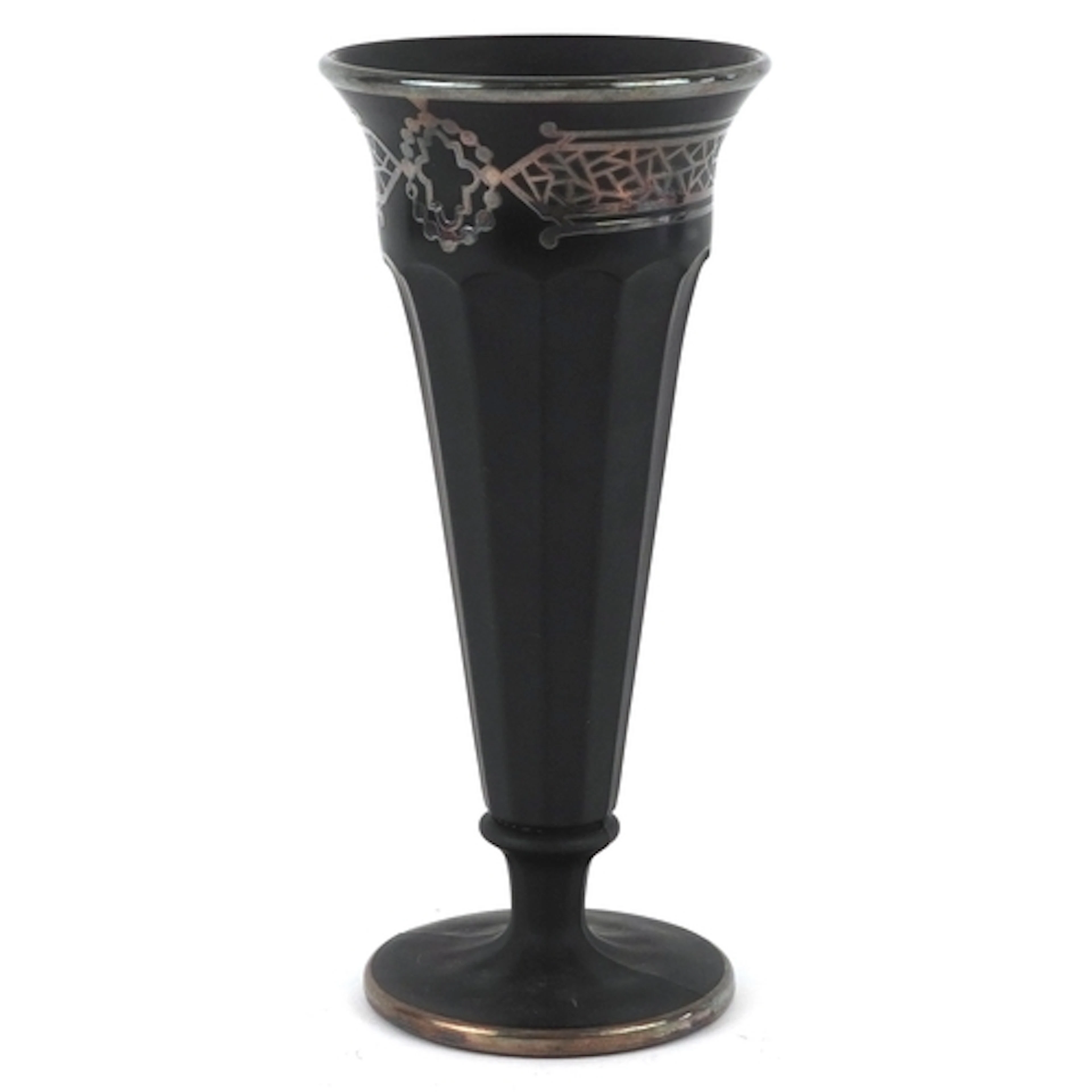 A matte black tapered glass vase with silver overlay, 21.5cm...