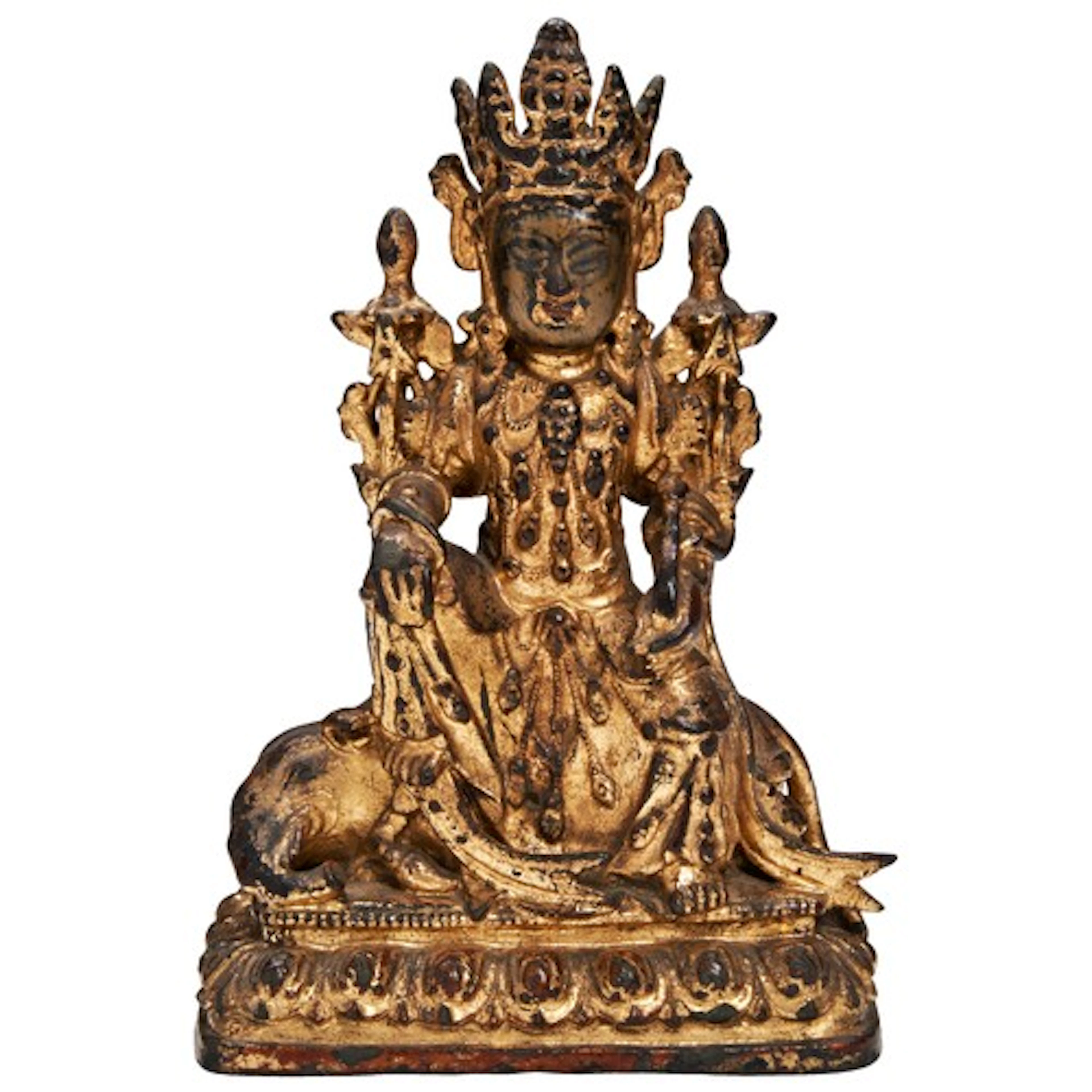 A RARE CHINESE LACQUERED GILT BRONZE FIGURE OF THE DEITY SAM...