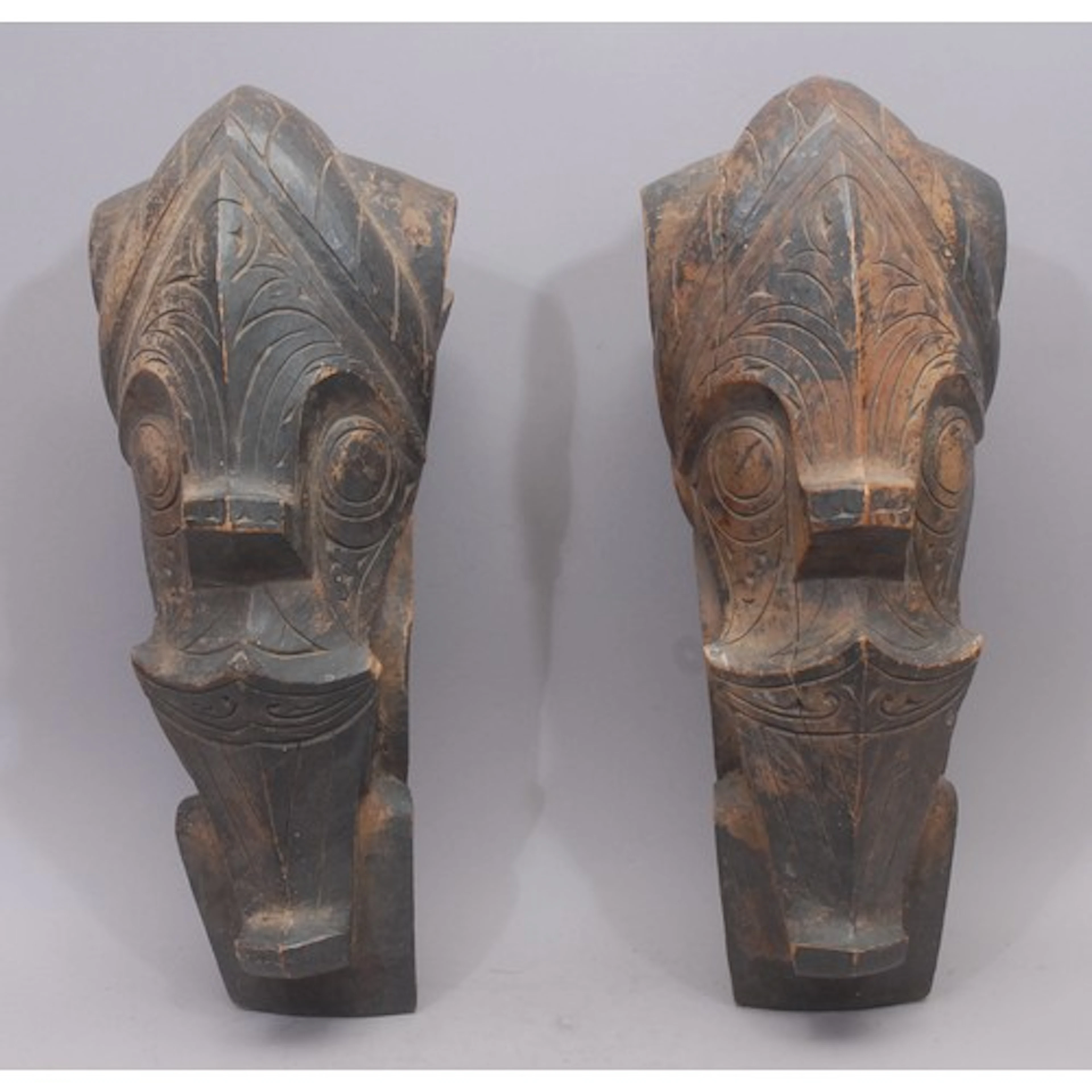 Tribal Art - a pair of Toba Batak singa architectural guardi...