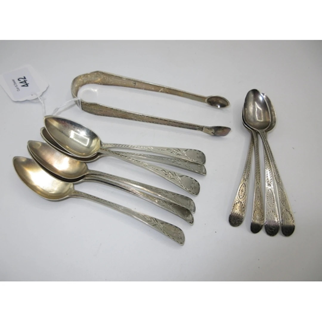 Set of 6 Georgian Silver Teaspoons and Tongs, London 1796, M...