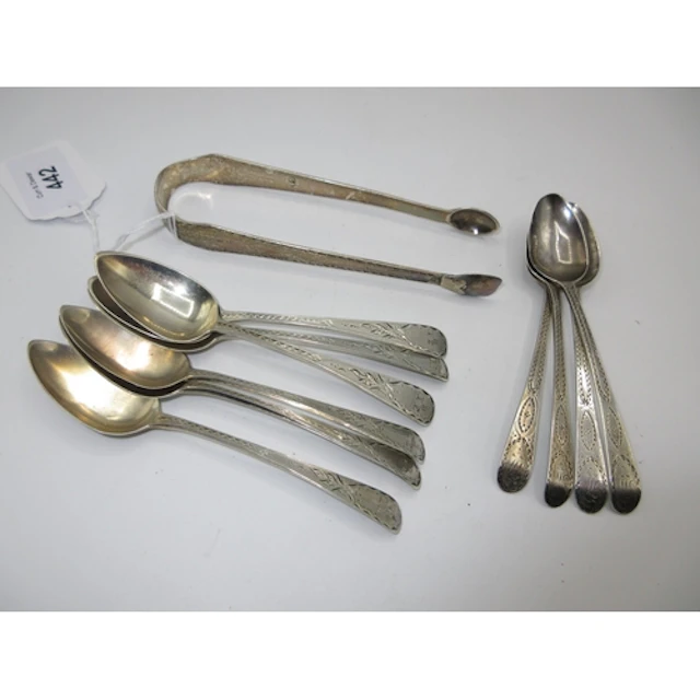 Set of 6 Georgian Silver Teaspoons and Tongs, London 1796, M...