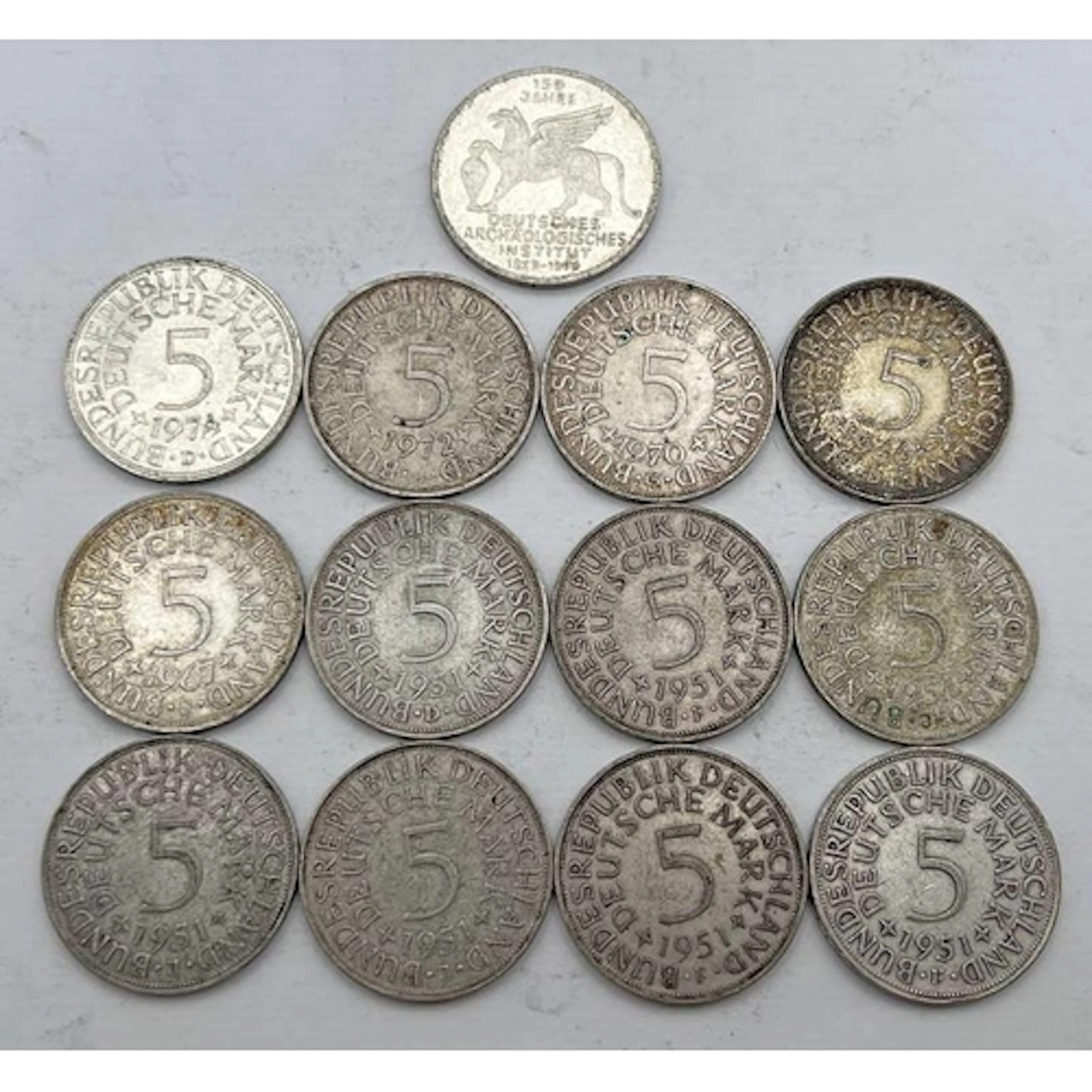 13 GERMAN 5 DEUTSCHE MARK SILVER CONTENT COINS, 7 X 1951, 1 ...