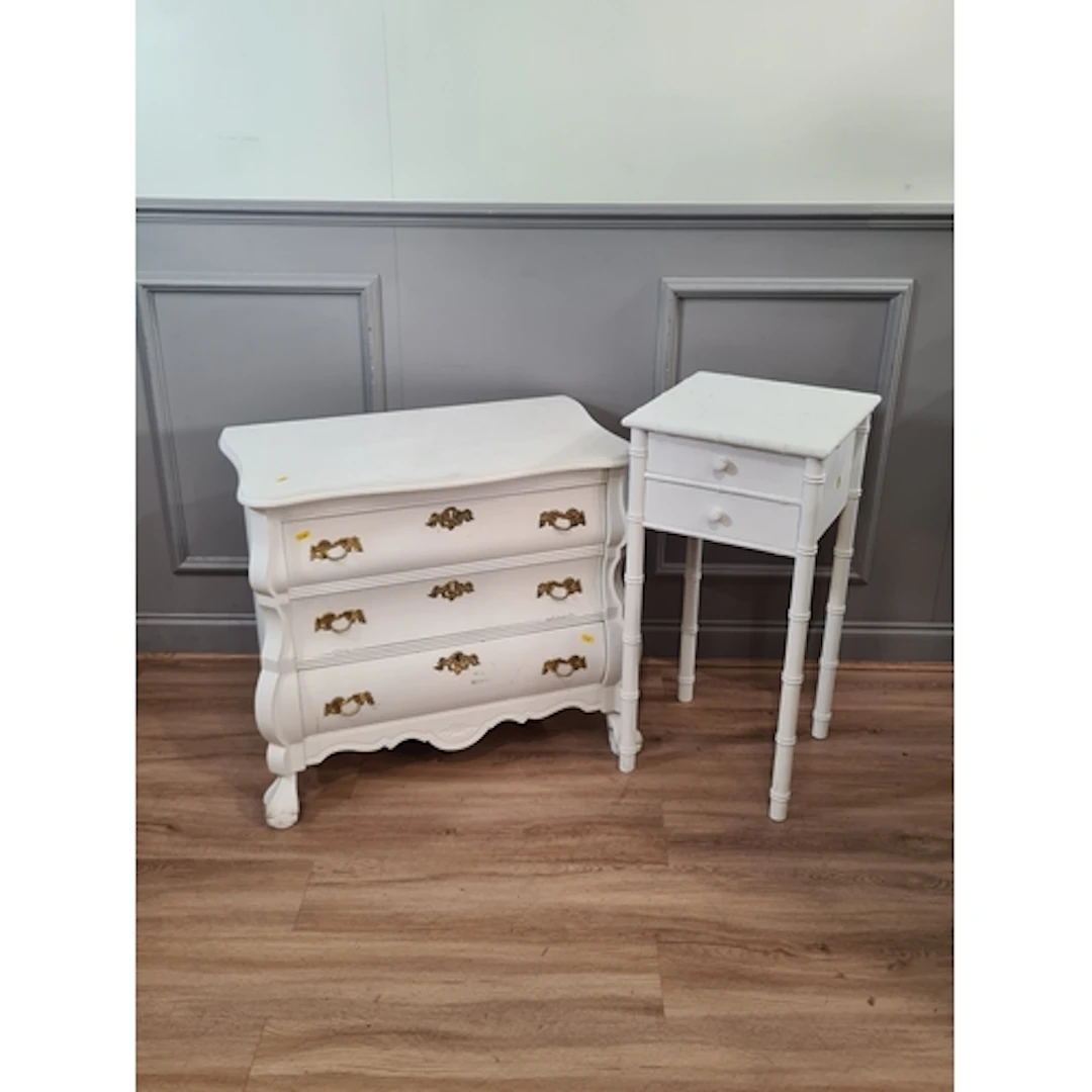 A white painted two drawer bedside Table and a white painted...