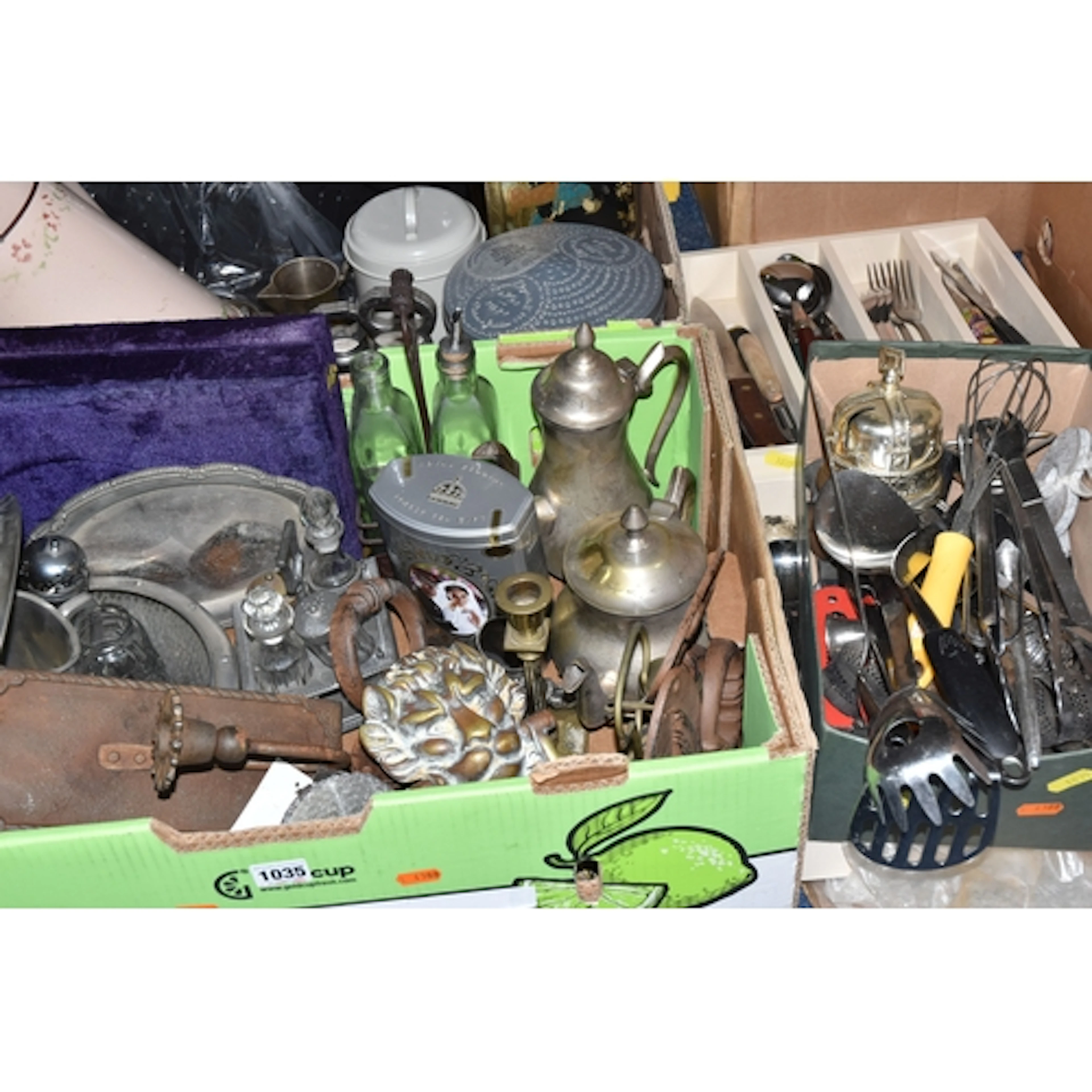 THREE BOXES AND LOOSE METALWARE AND SUNDRY ITEMS, to include...