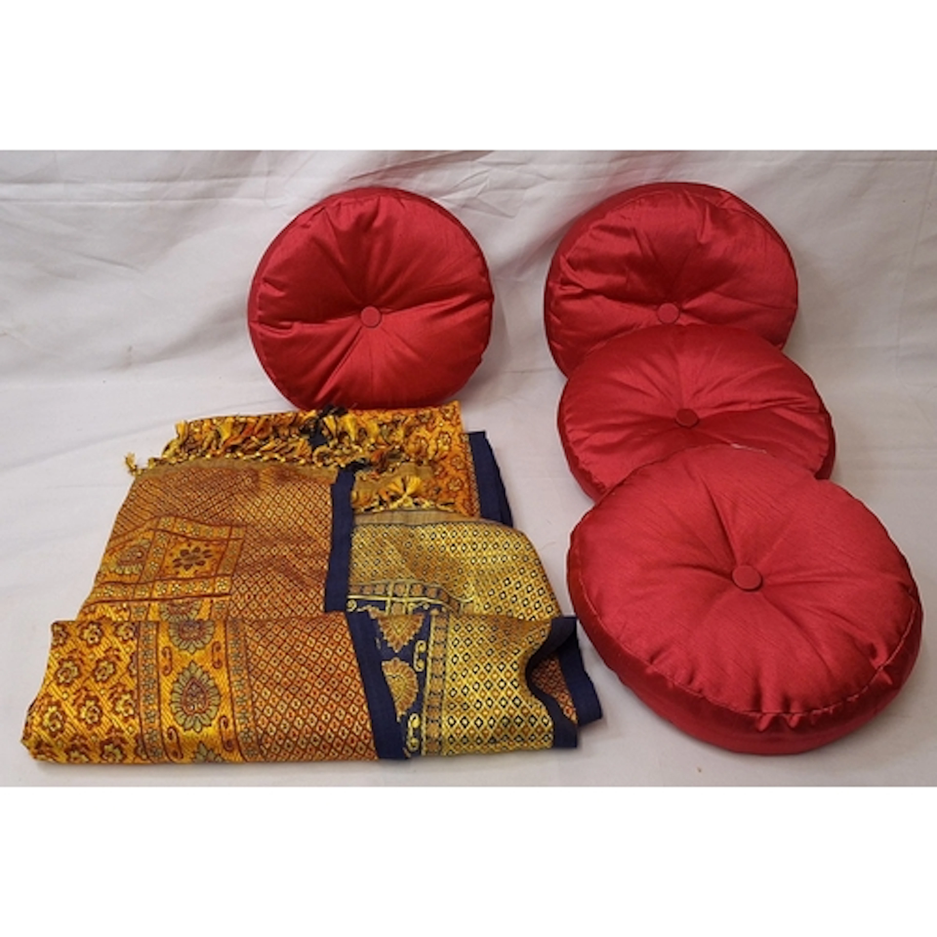 4 Circular Shot Silk Effect Red Cushions approx. 30cm dia. &...