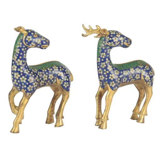 A rare pair of Chinese gilt copper and cloisonné enamel mode...