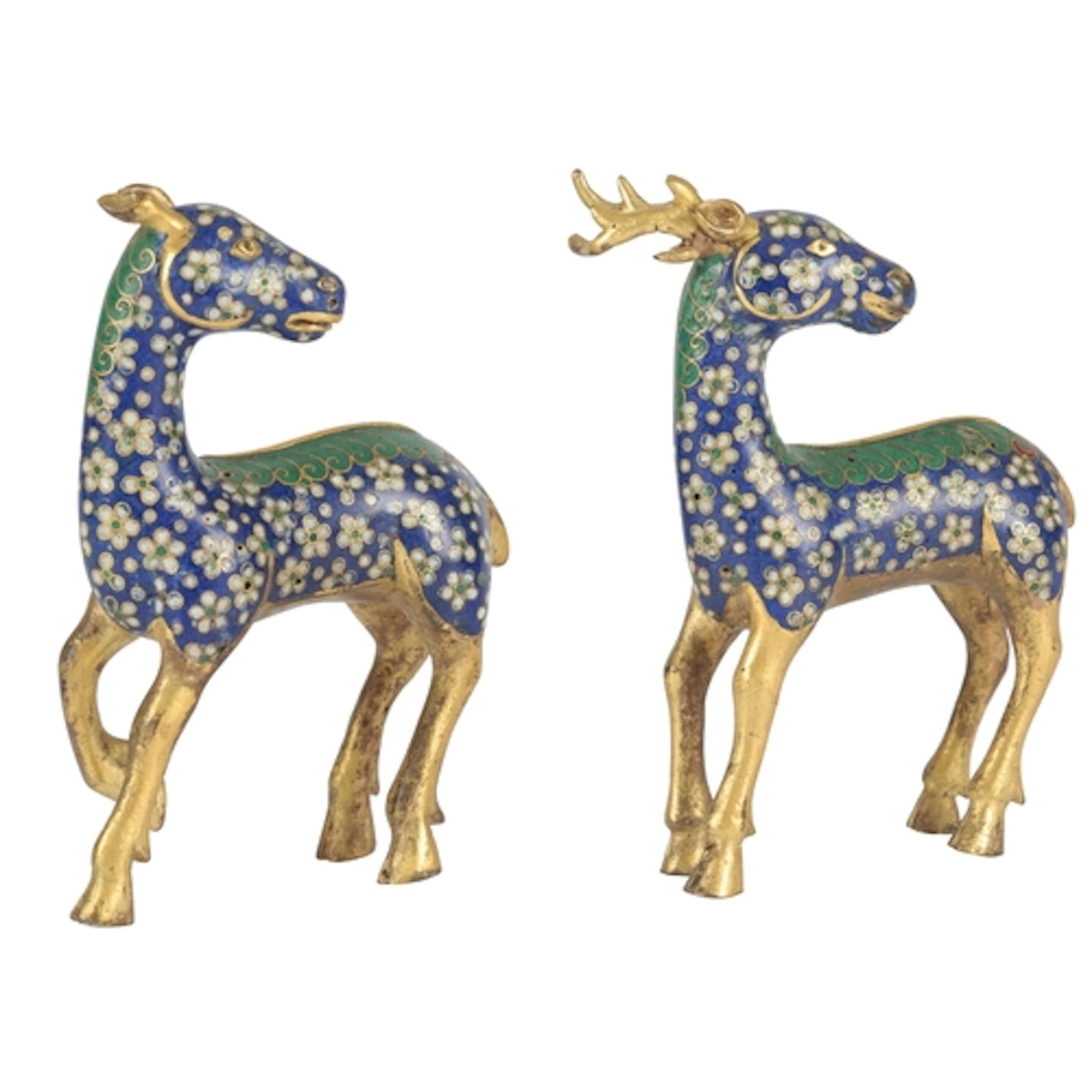 A rare pair of Chinese gilt copper and cloisonné enamel mode...