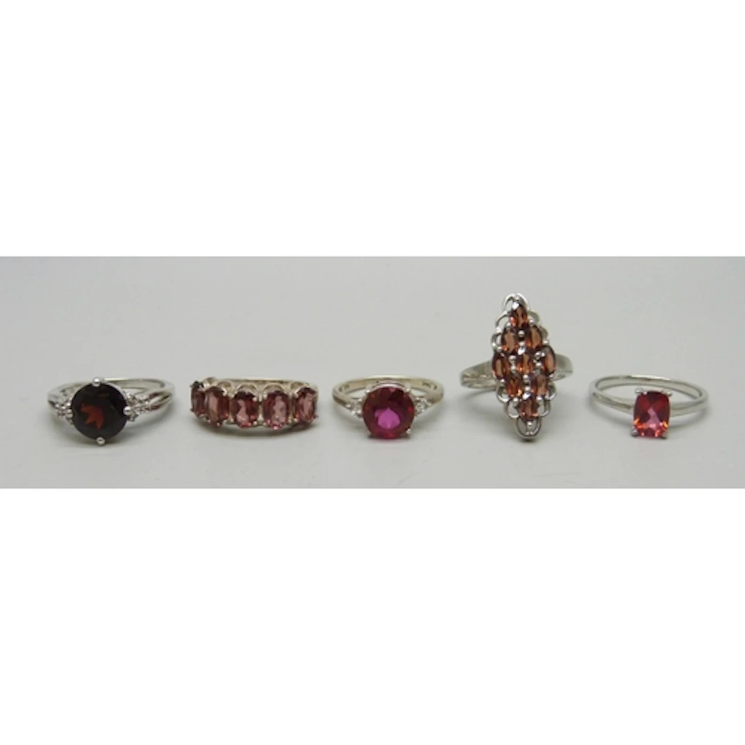Five silver and gemstone rings including Gemporia, 19g total