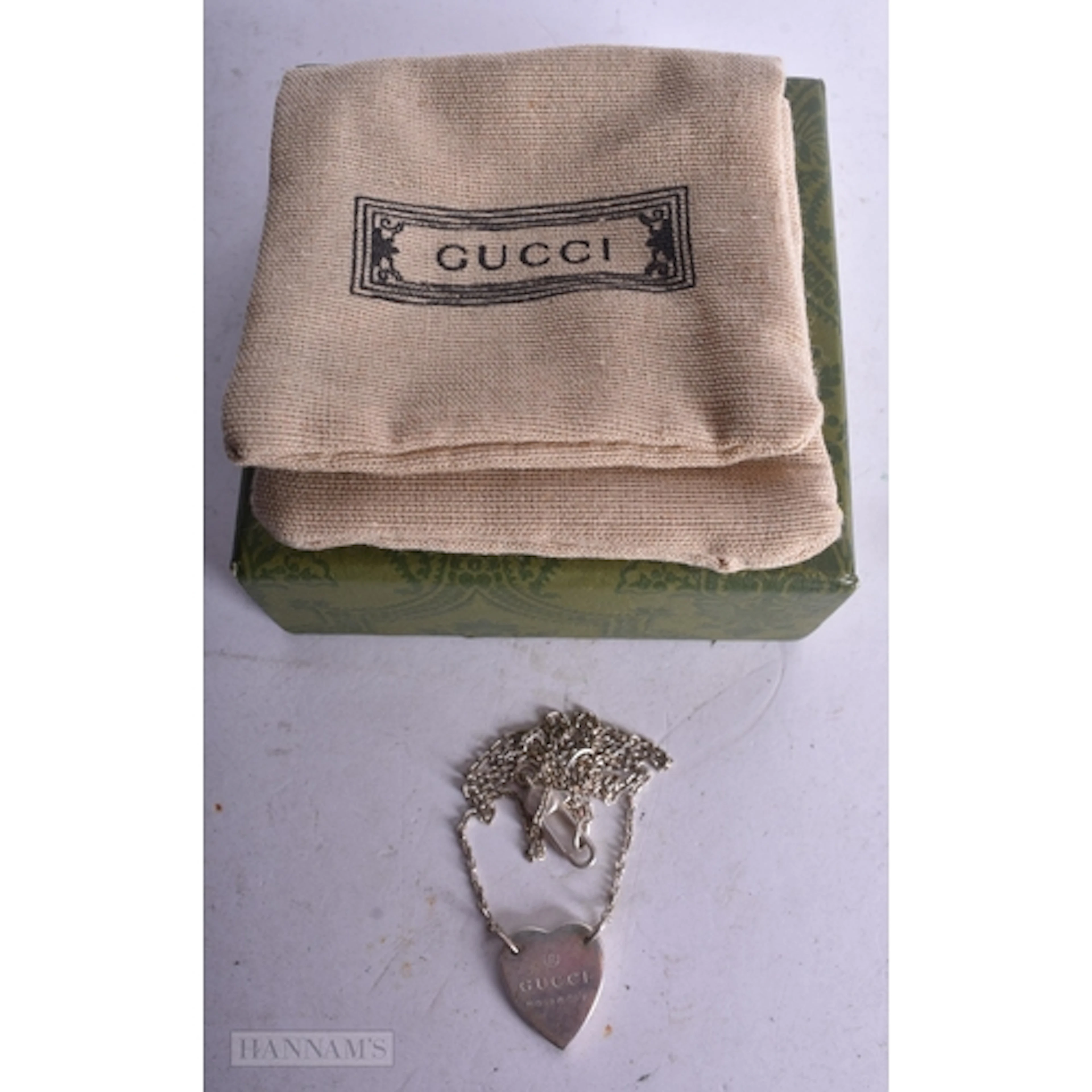 Gucci Sterling Silver Necklace w/ Heart Pendant & Box (8g). ...