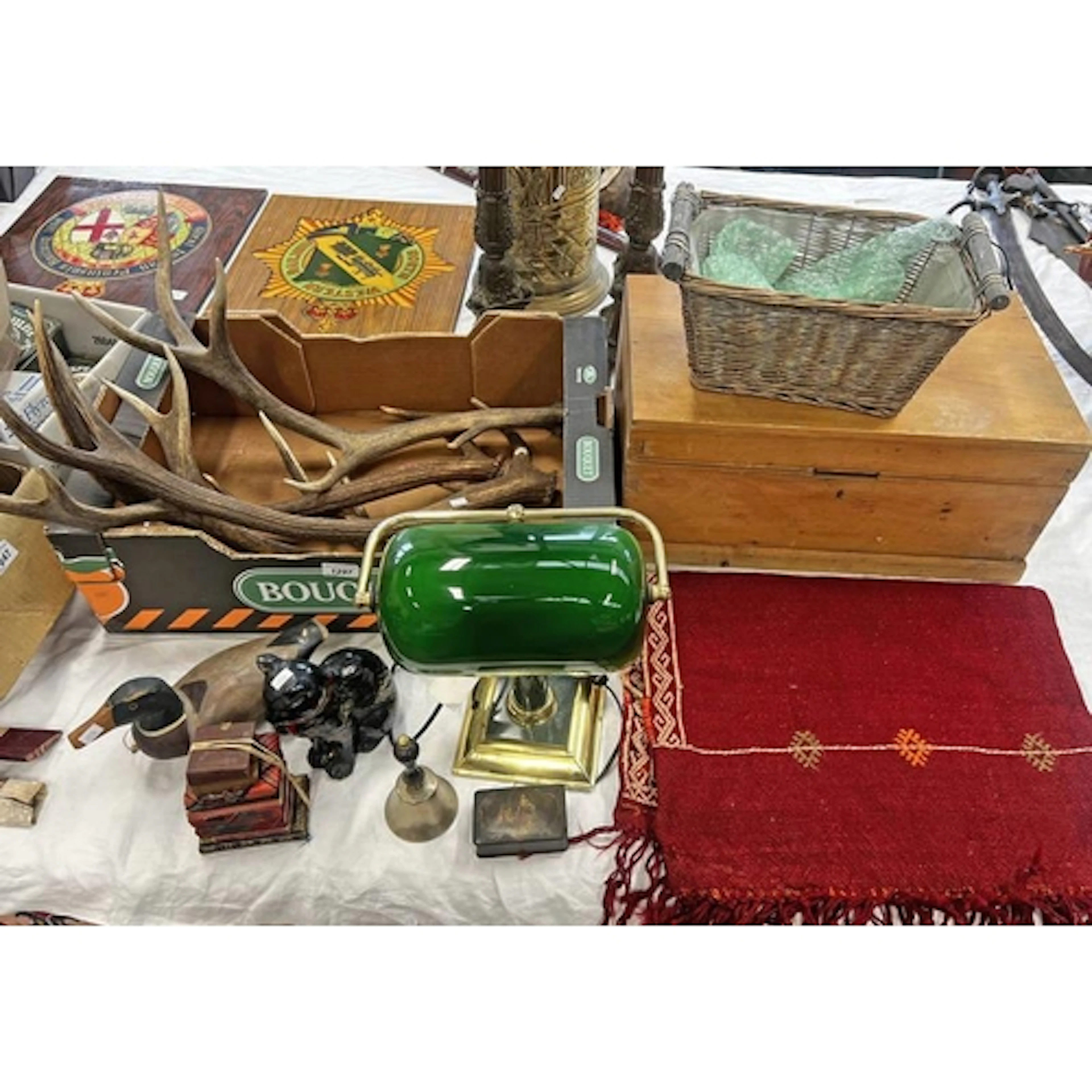 ANTLERS, BANKERS LAMP, WICKER BASKET, CARVED WOODEN TOY DUCK...
