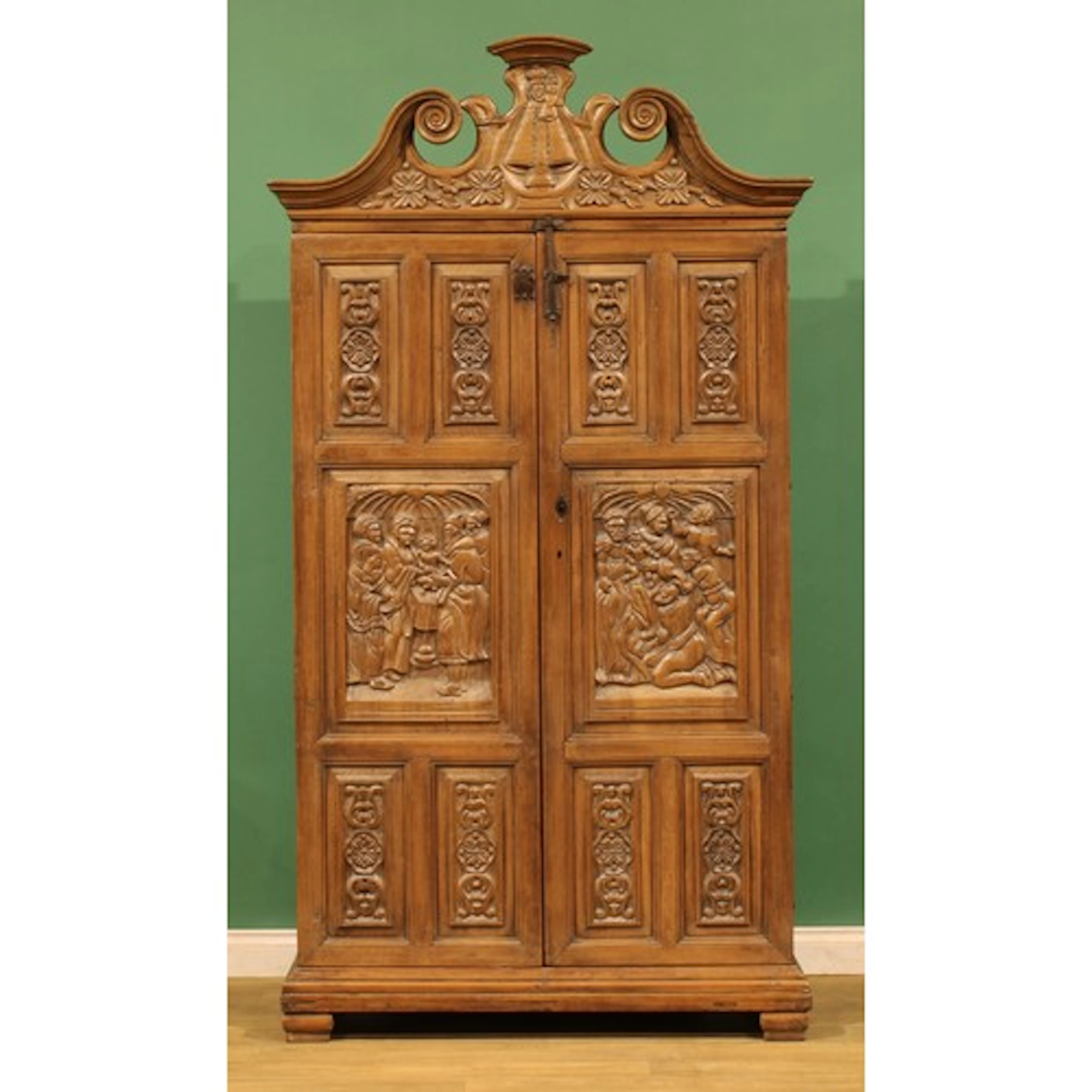 A Baroque design softwood provision cupboard, swan neck pedi...