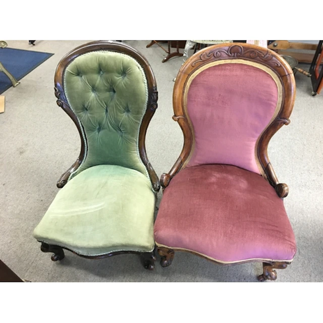 Two antique Victorian low nursing chair. One upholstered in ...