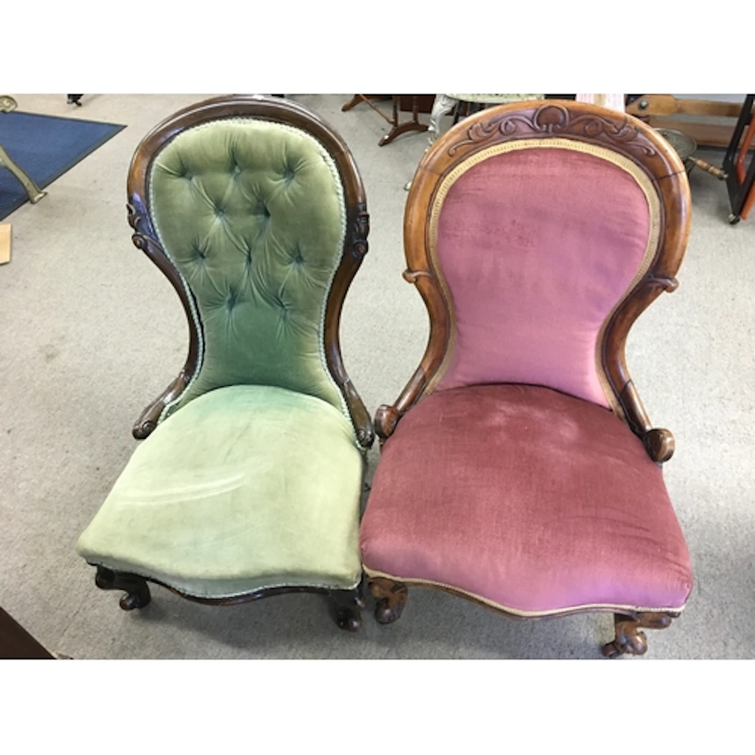 Two antique Victorian low nursing chair. One upholstered in ...
