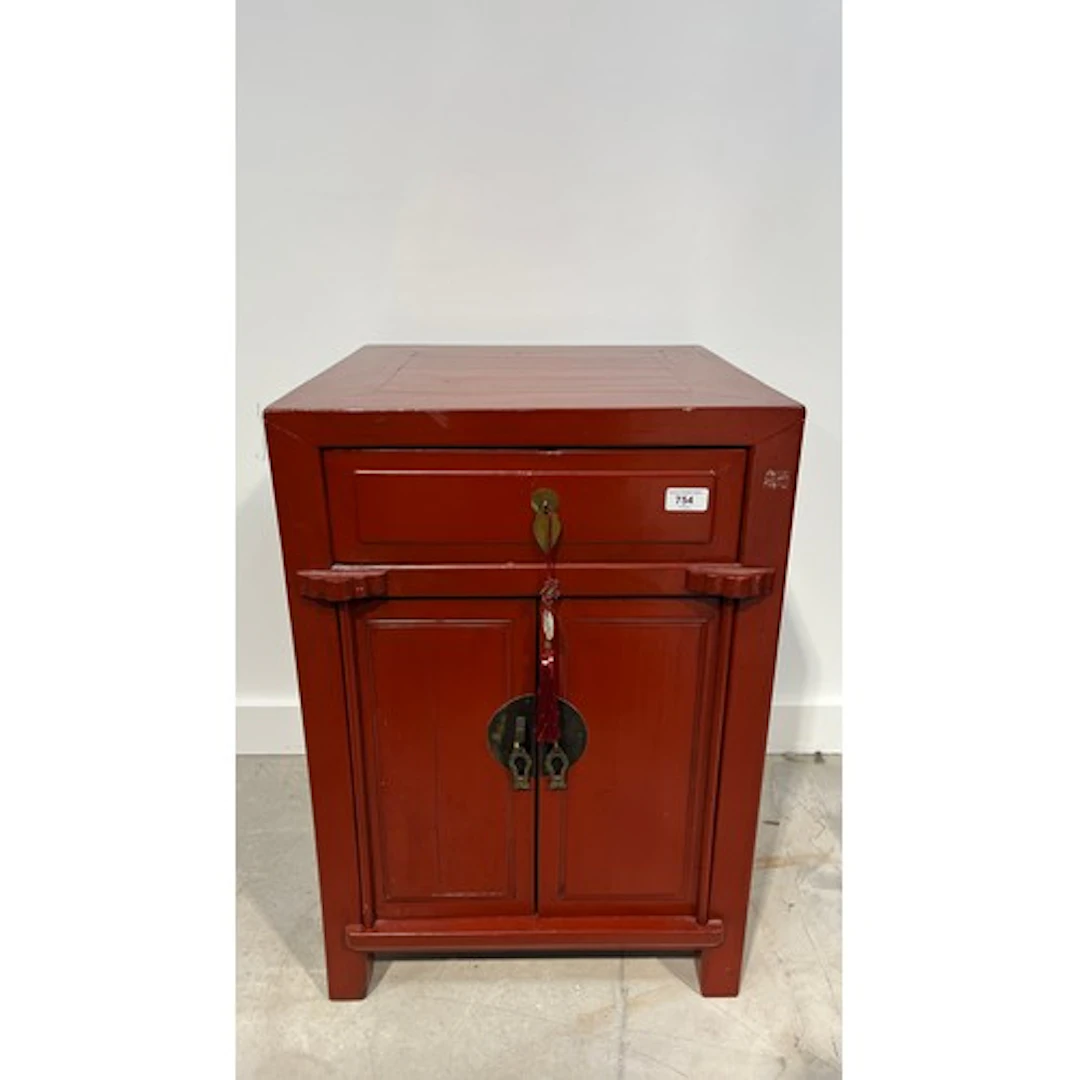 Red painted traditional Chinese two door cabinet with single...