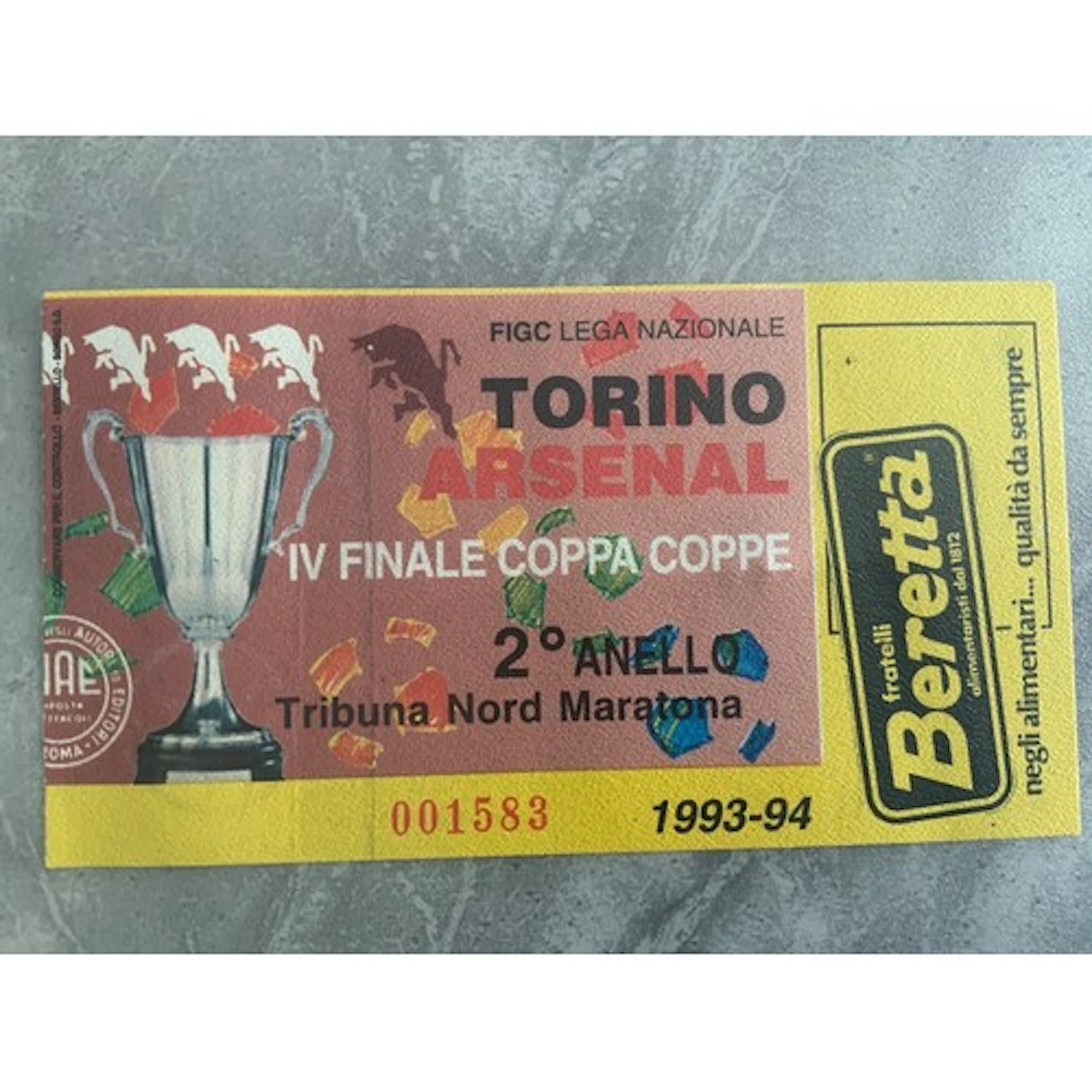 93/94 Torino v Arsenal ECWC Football Ticket + Memorabilia: O...