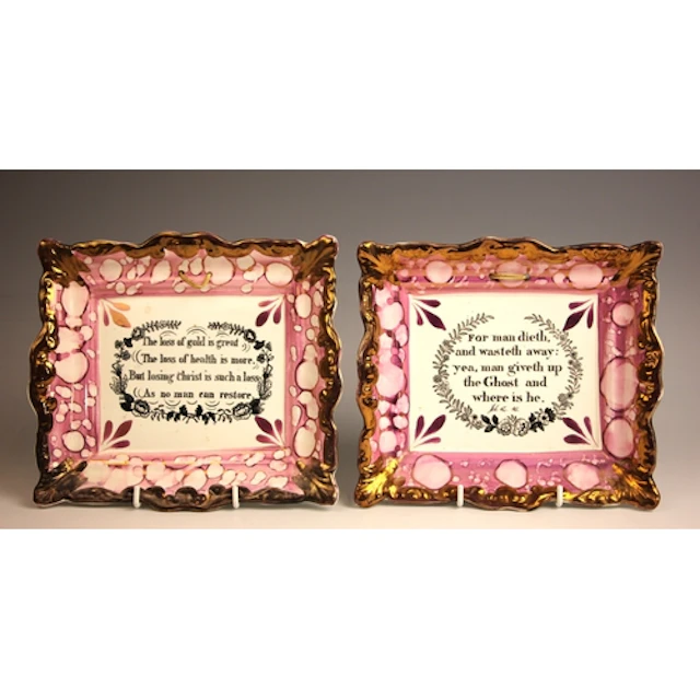 Two Garrison Pottery Sunderland pink lustre ware rectangular...