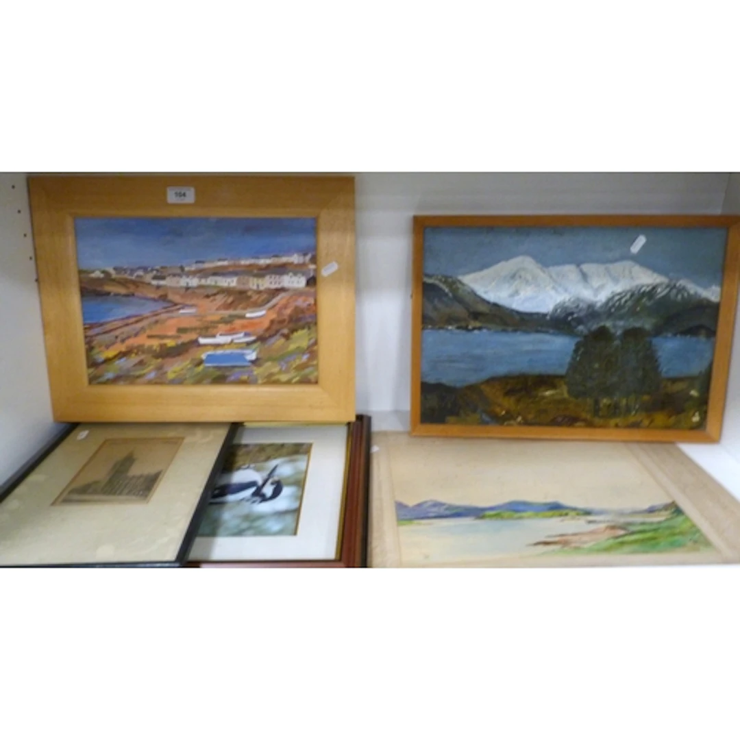 Shelf of pictures and prints to include two amateur artist L...